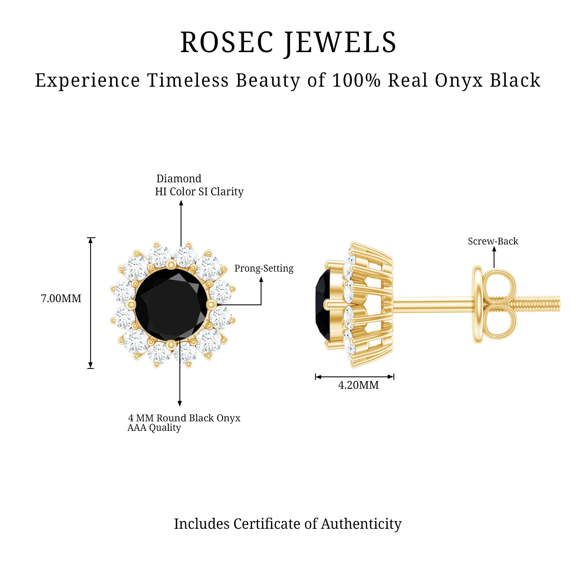 0.44 Carat Black Onyx and Diamond Halo Stud Earrings AAA - Rosec Jewels