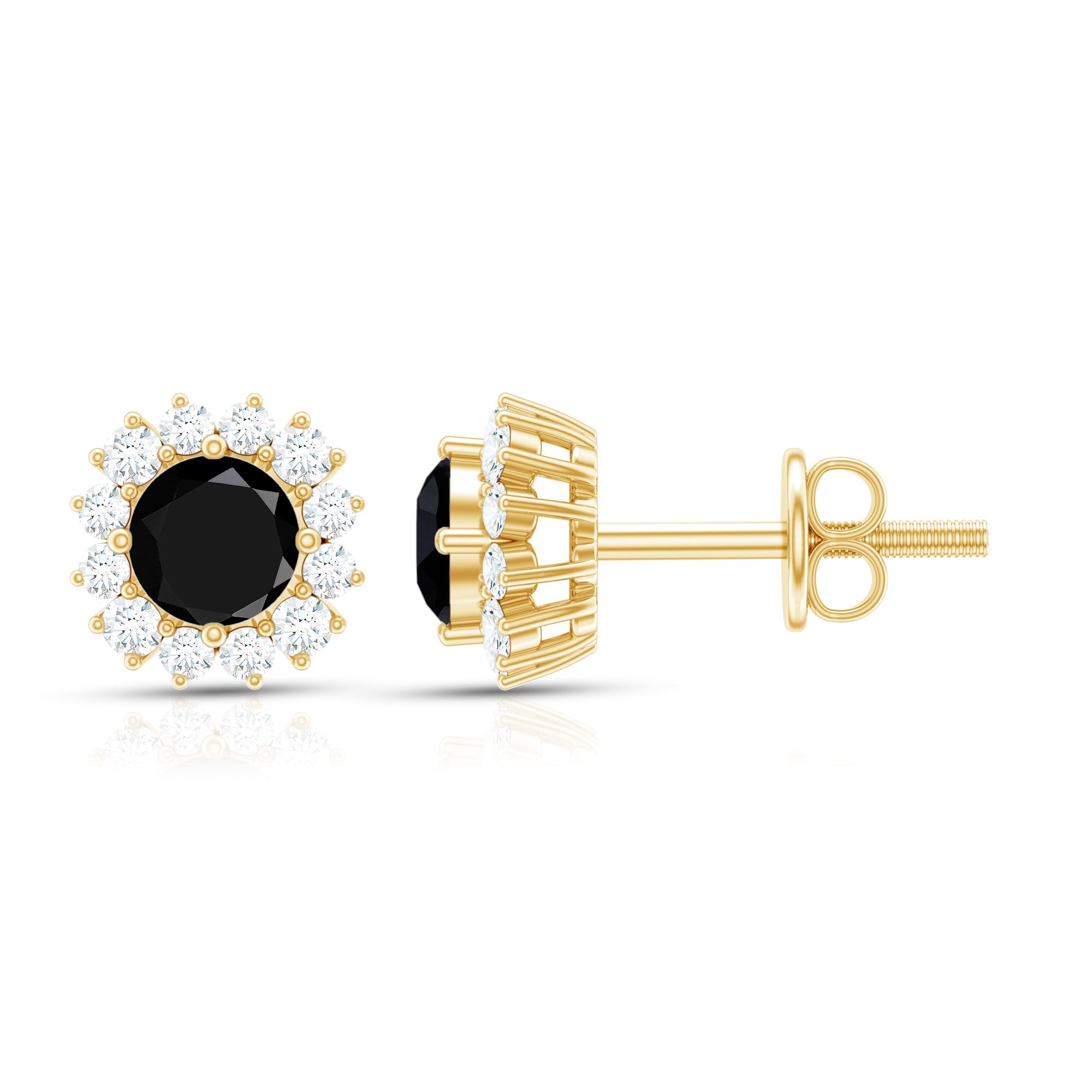 0.44 Carat Black Onyx and Diamond Halo Stud Earrings AAA - Rosec Jewels