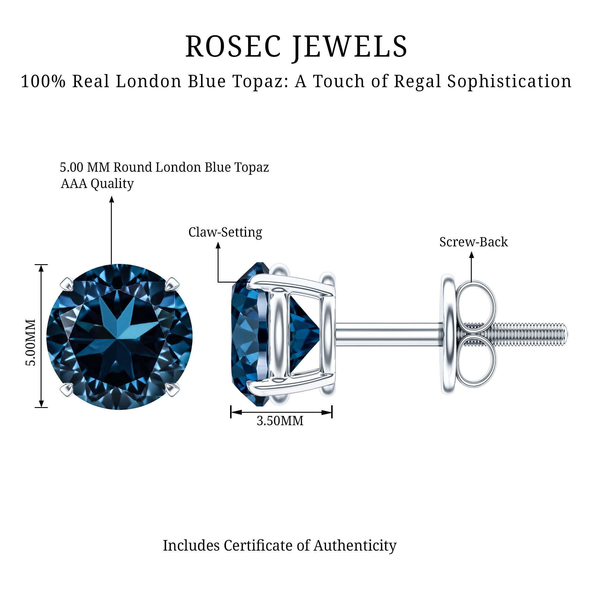 Genuine London Blue Topaz Solitaire Stud Earrings in Prong Setting AAA - Rosec Jewels