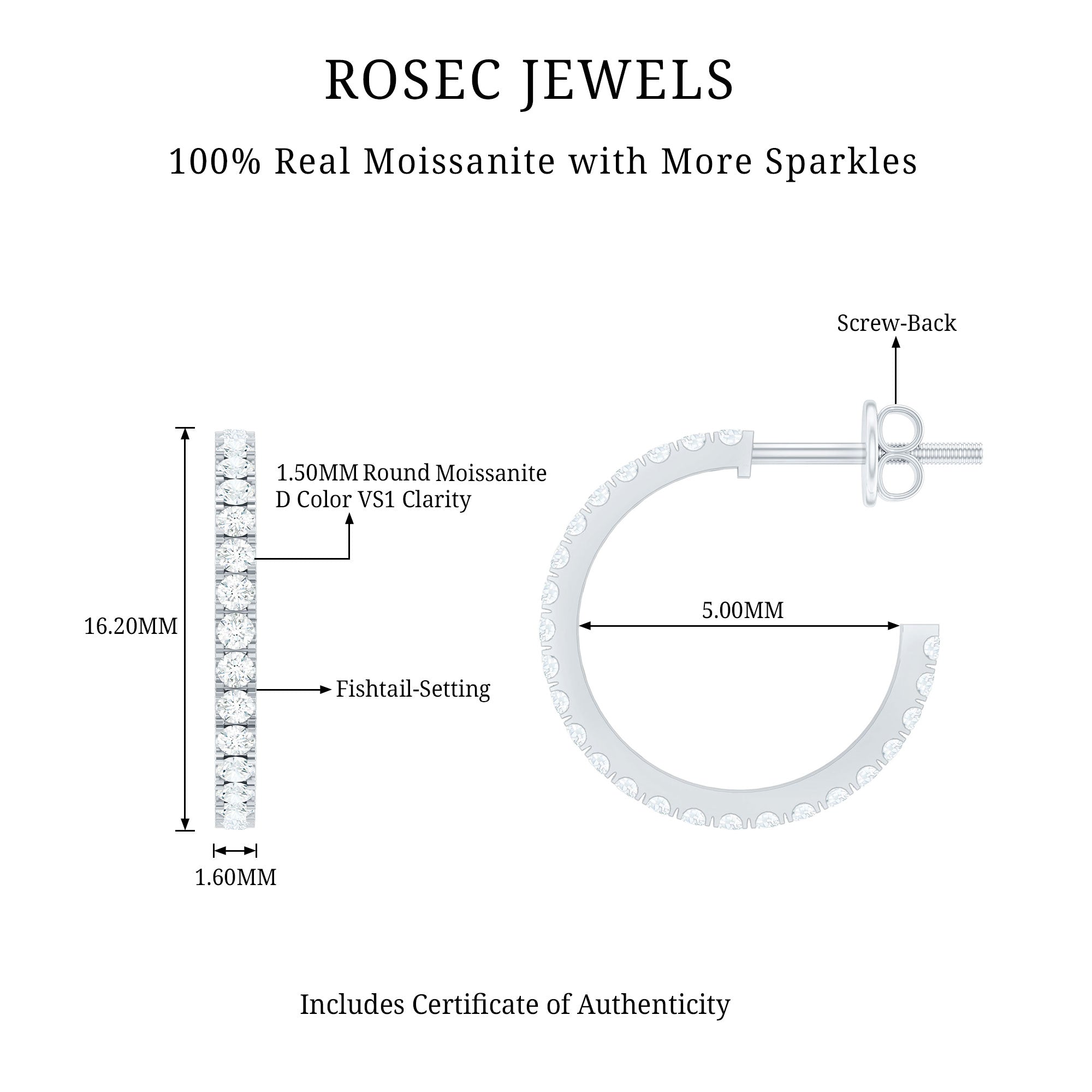 Certified Moissanite Hoop Earrings D-VS1 - Rosec Jewels