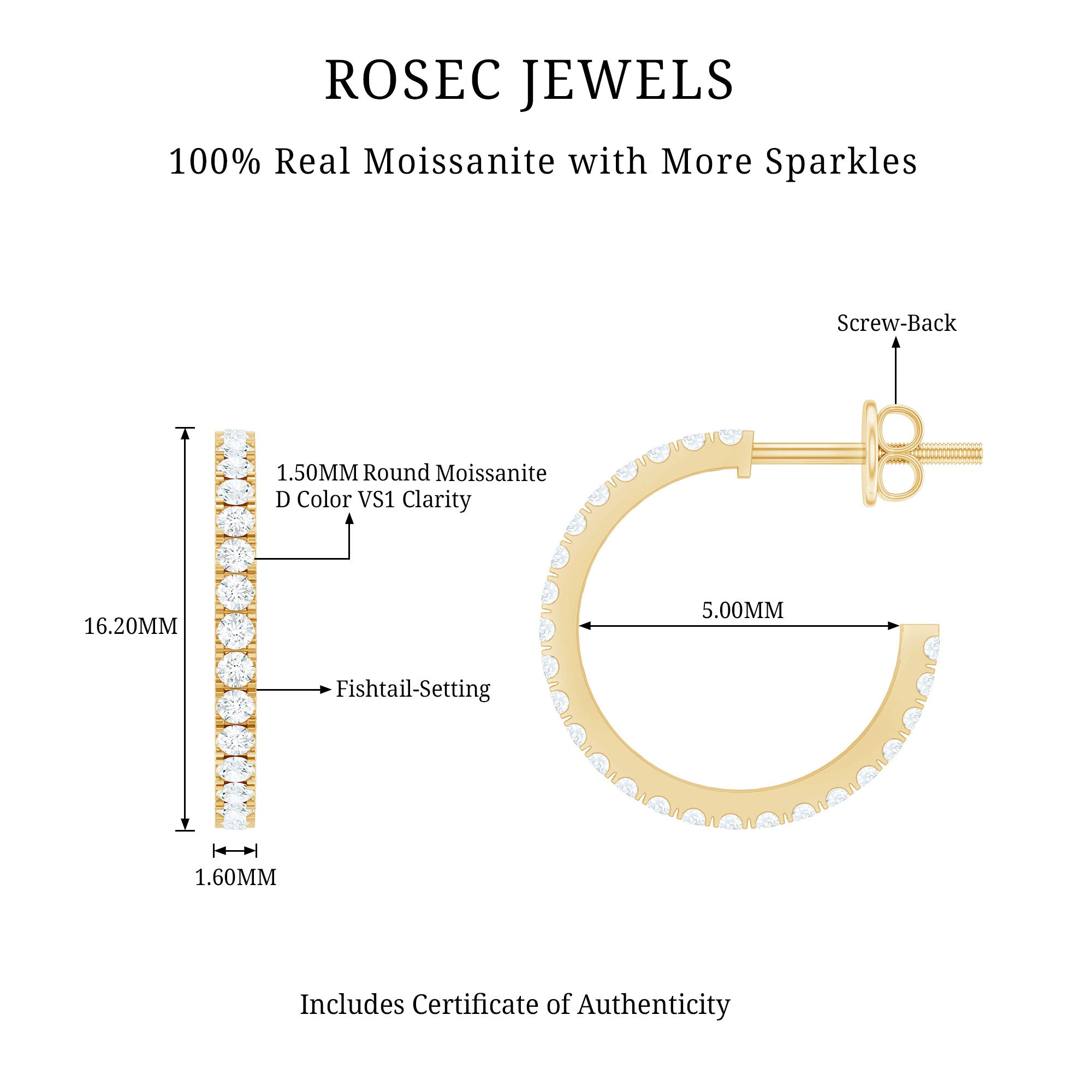 Certified Moissanite Hoop Earrings D-VS1 - Rosec Jewels