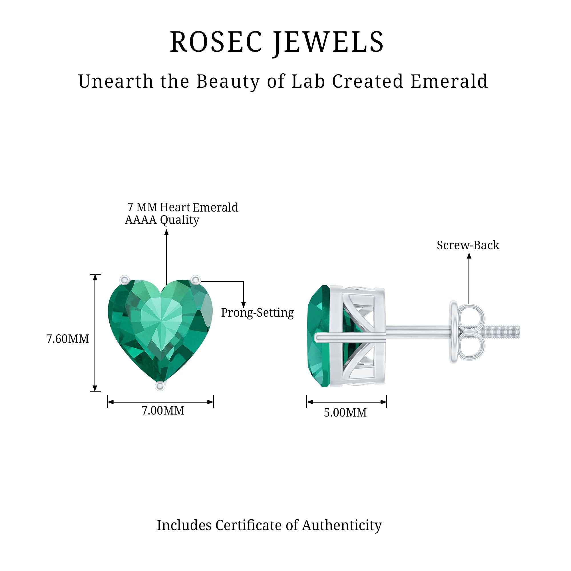 7MM Heart Shape Lab Created Emerald Solitaire Stud Earrings AAAA - Rosec Jewels