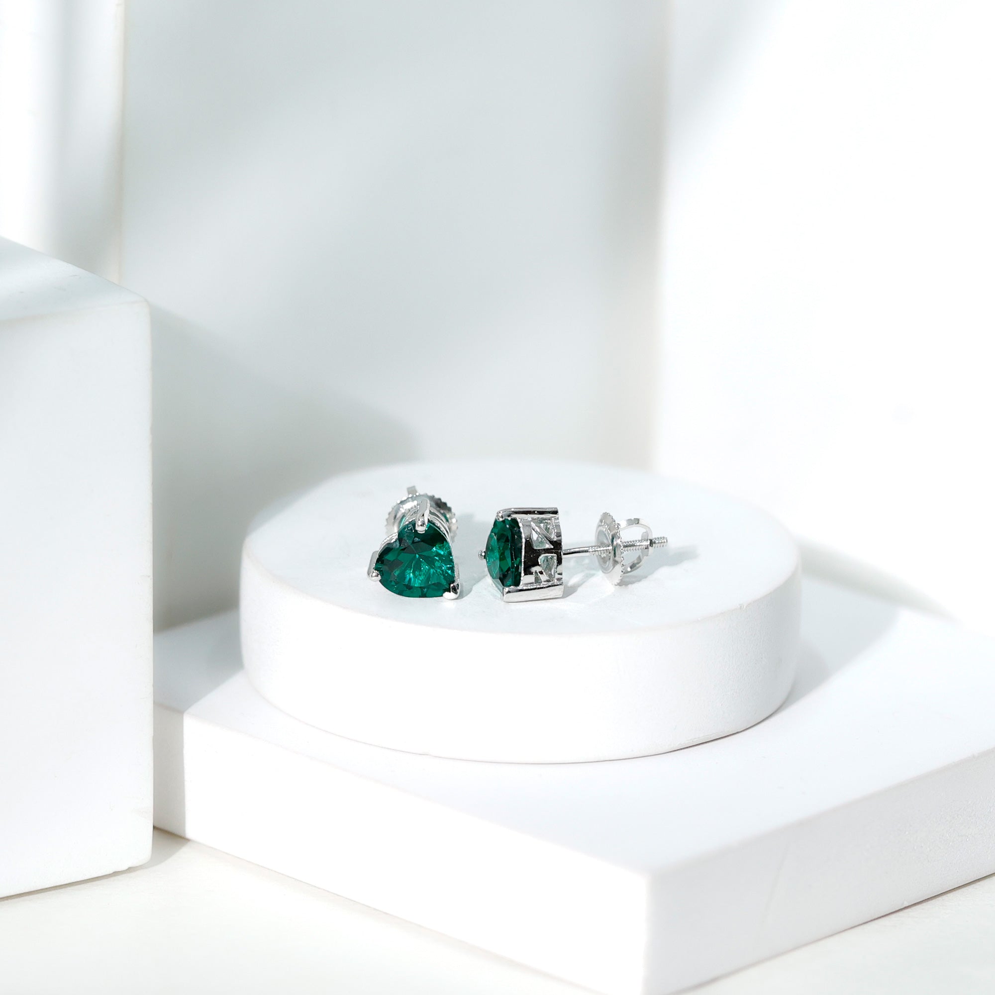 7MM Heart Shape Lab Created Emerald Solitaire Stud Earrings AAAA - Rosec Jewels
