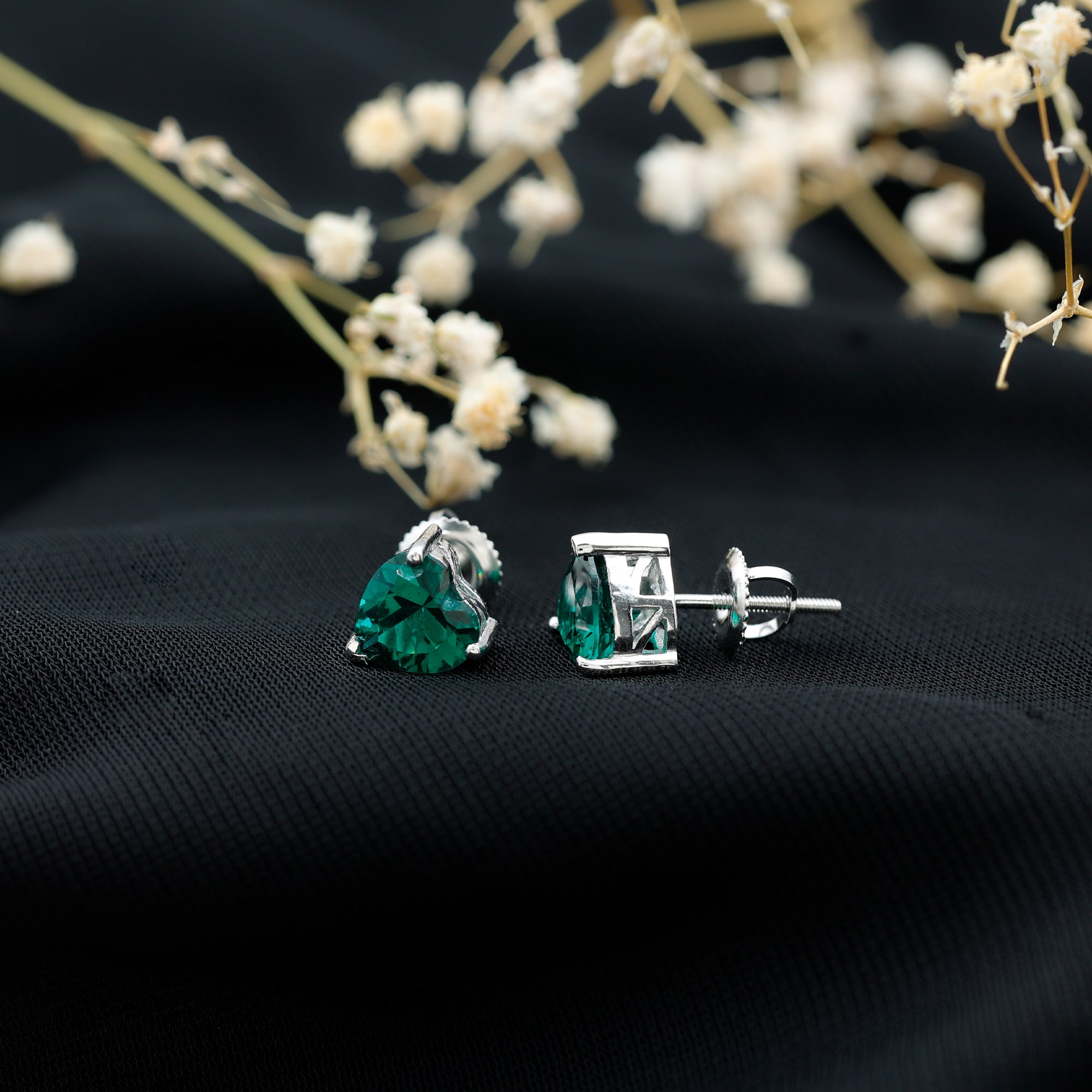7MM Heart Shape Lab Created Emerald Solitaire Stud Earrings AAAA - Rosec Jewels