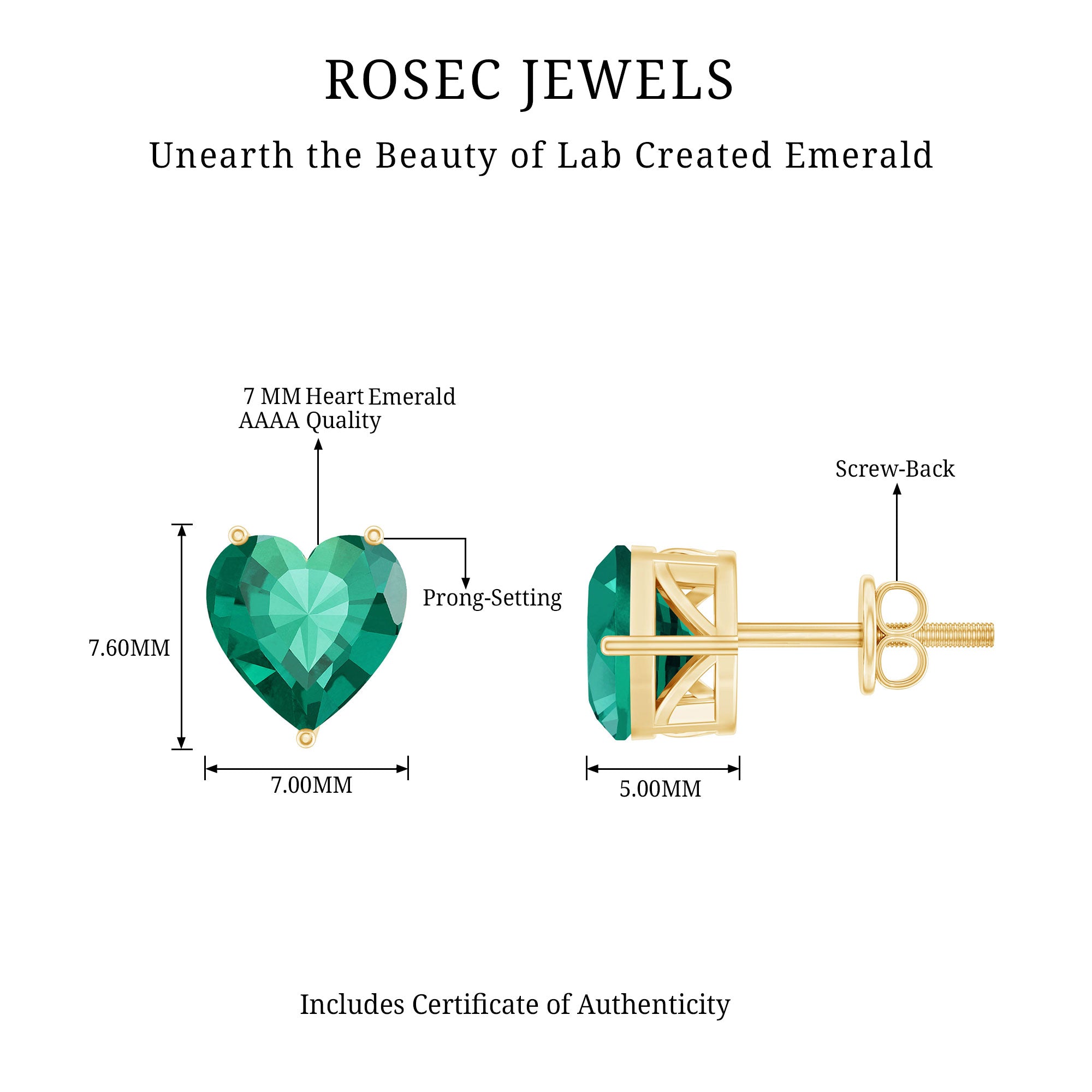 7MM Heart Shape Lab Created Emerald Solitaire Stud Earrings AAAA - Rosec Jewels