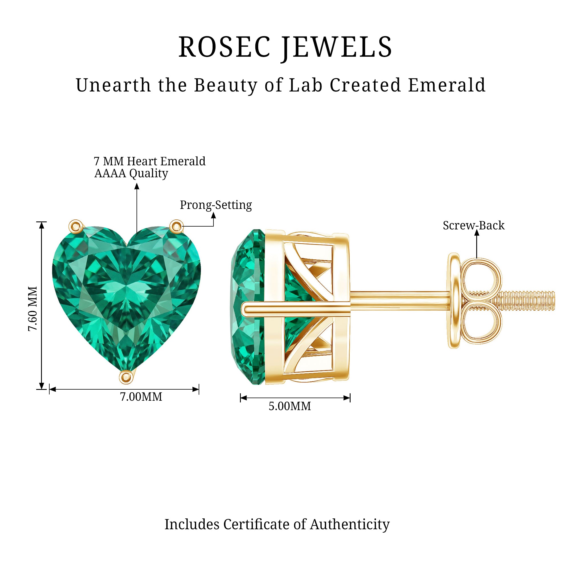 7MM Heart Shape Lab Created Emerald Solitaire Stud Earrings AAAA - Rosec Jewels