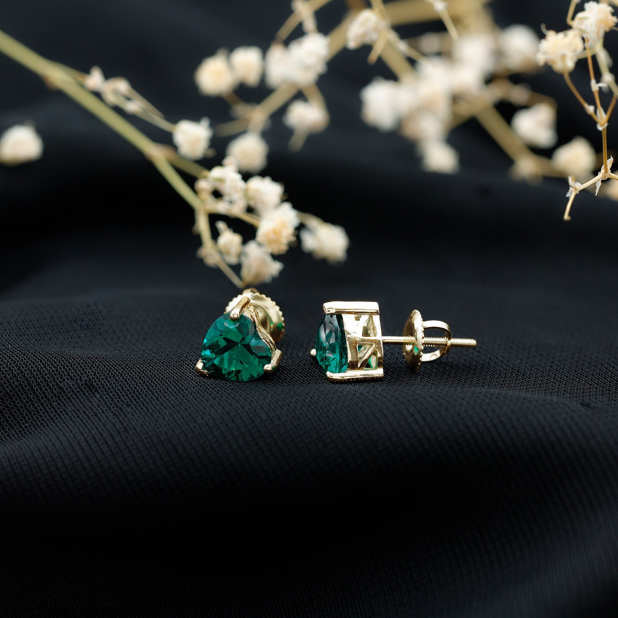 7MM Heart Shape Lab Created Emerald Solitaire Stud Earrings AAAA - Rosec Jewels