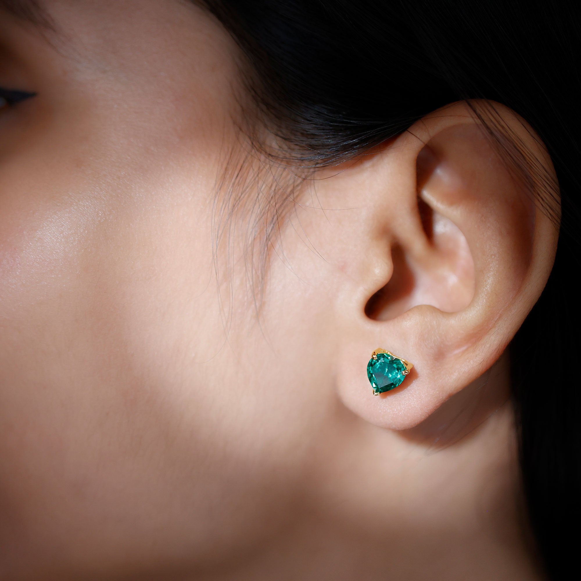 7MM Heart Shape Lab Created Emerald Solitaire Stud Earrings AAAA - Rosec Jewels