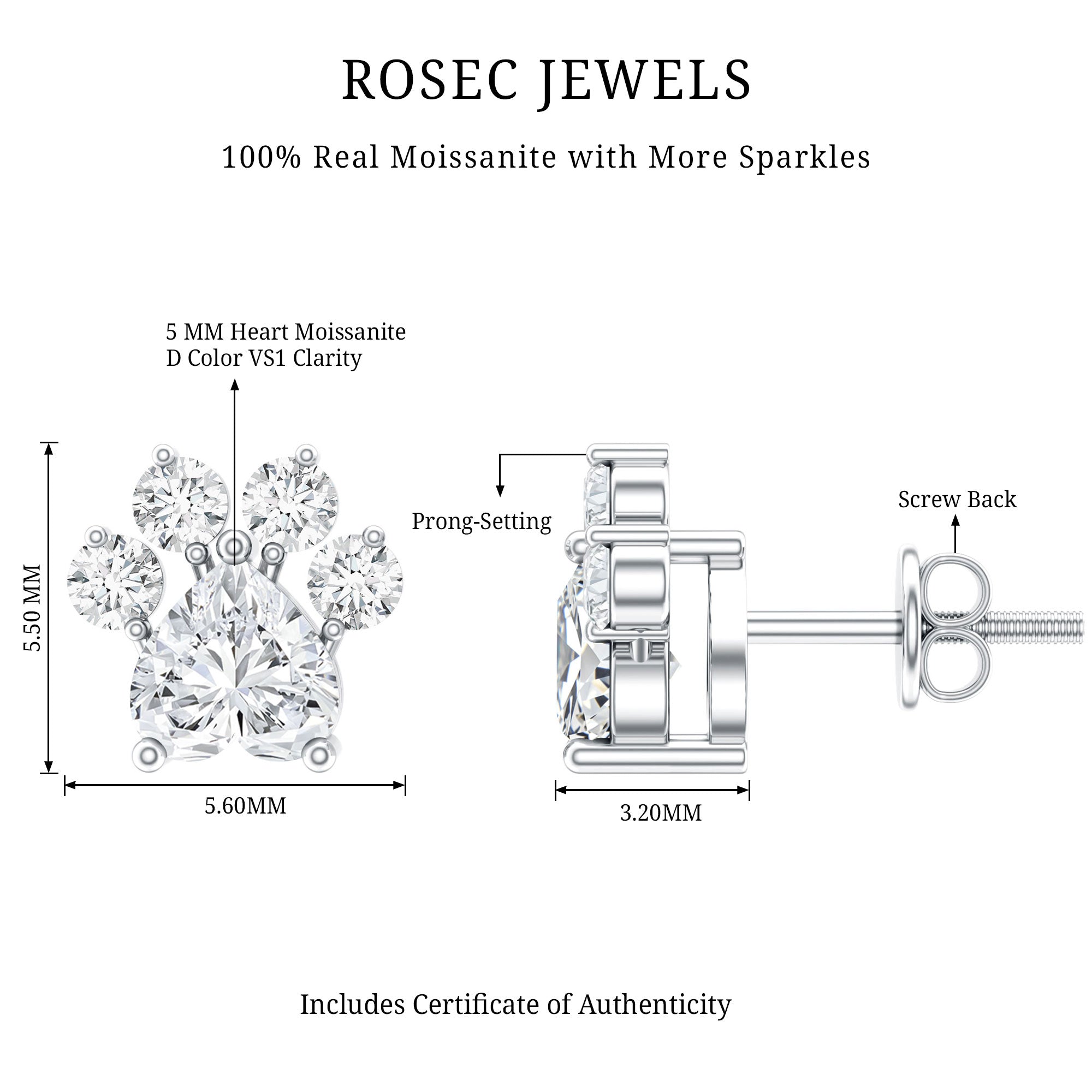 Heart and Round Shape Moissanite Paw Stud Earrings D-VS1 - Rosec Jewels