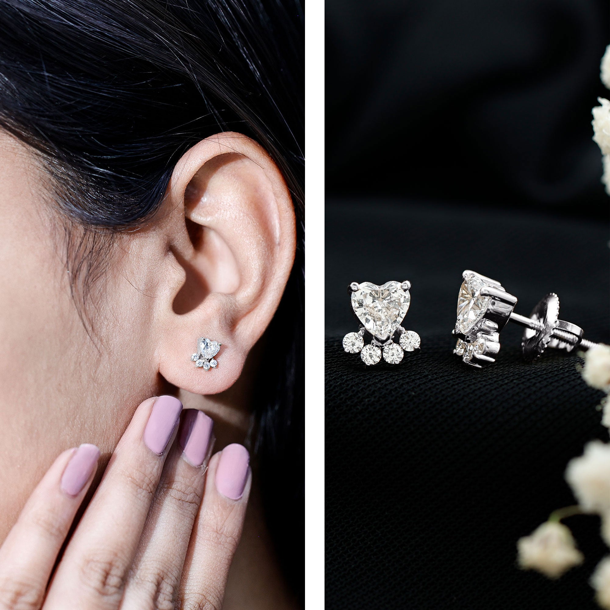 Heart and Round Shape Moissanite Paw Stud Earrings D-VS1 - Rosec Jewels