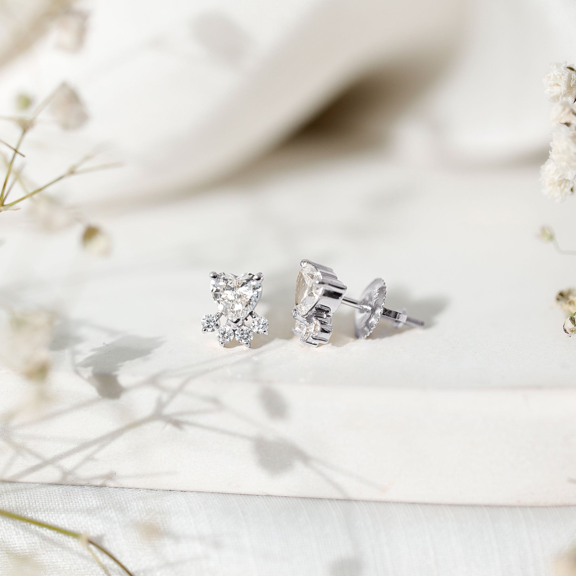 Heart and Round Shape Moissanite Paw Stud Earrings D-VS1 - Rosec Jewels