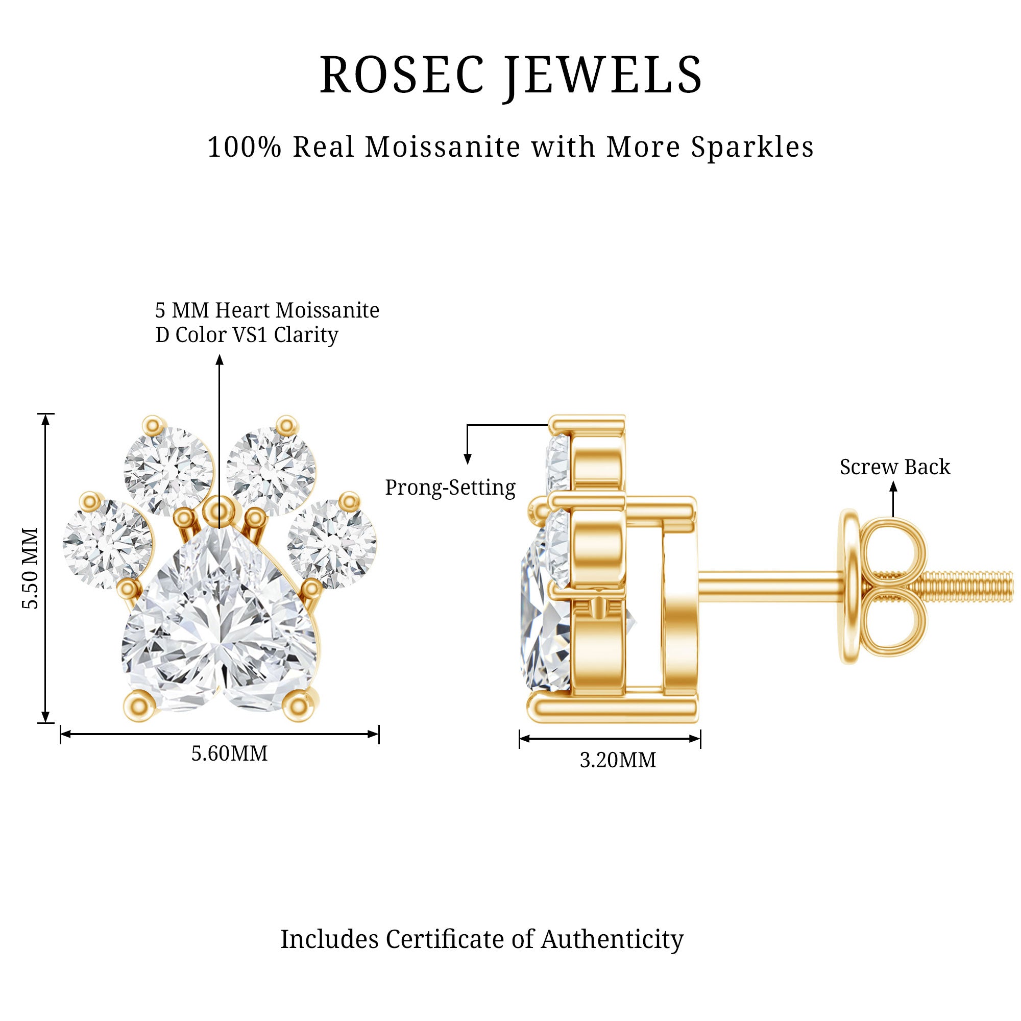 Heart and Round Shape Moissanite Paw Stud Earrings D-VS1 - Rosec Jewels