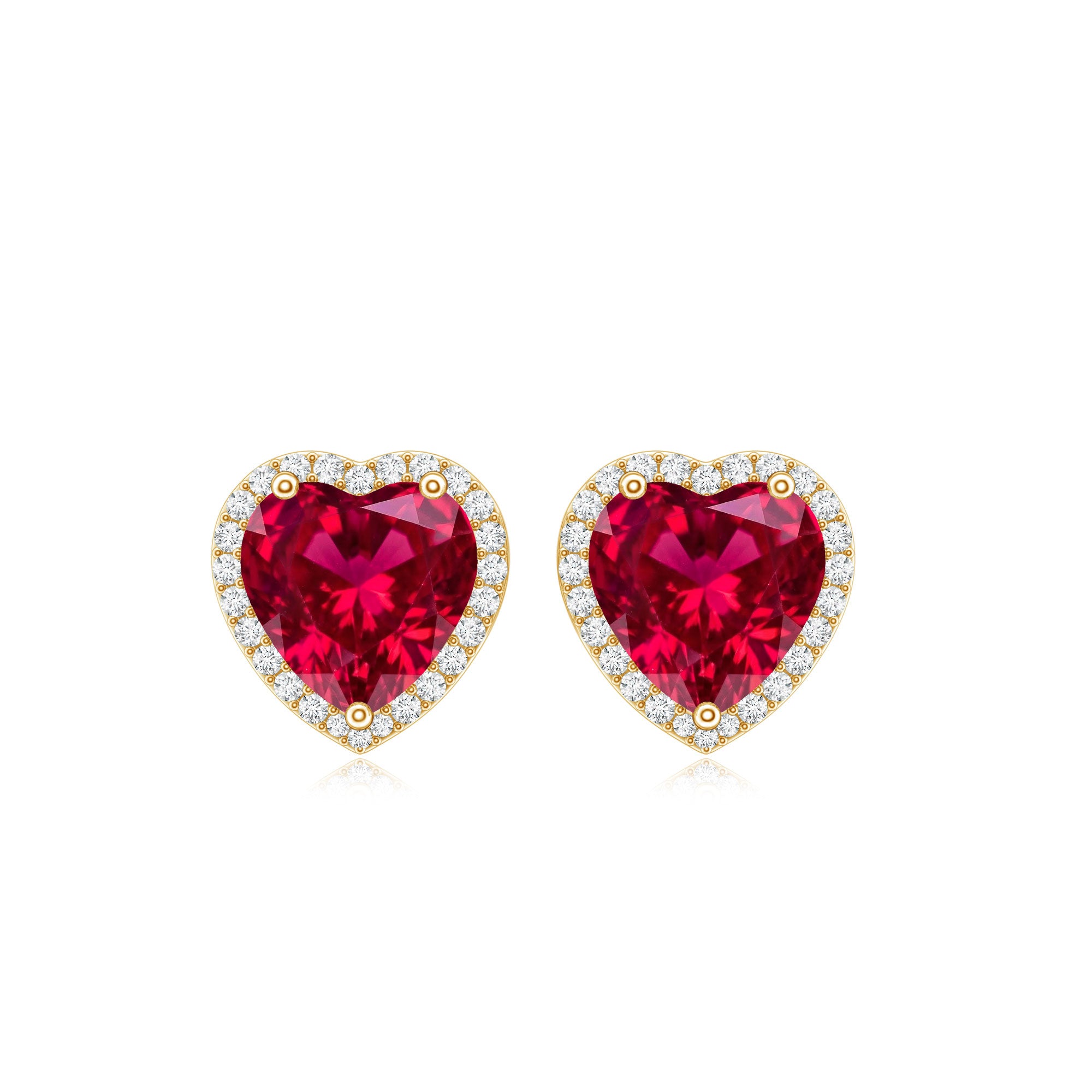4 Carat Heart Shape Created Ruby Halo Stud Earrings with Diamond AAAA - Rosec Jewels