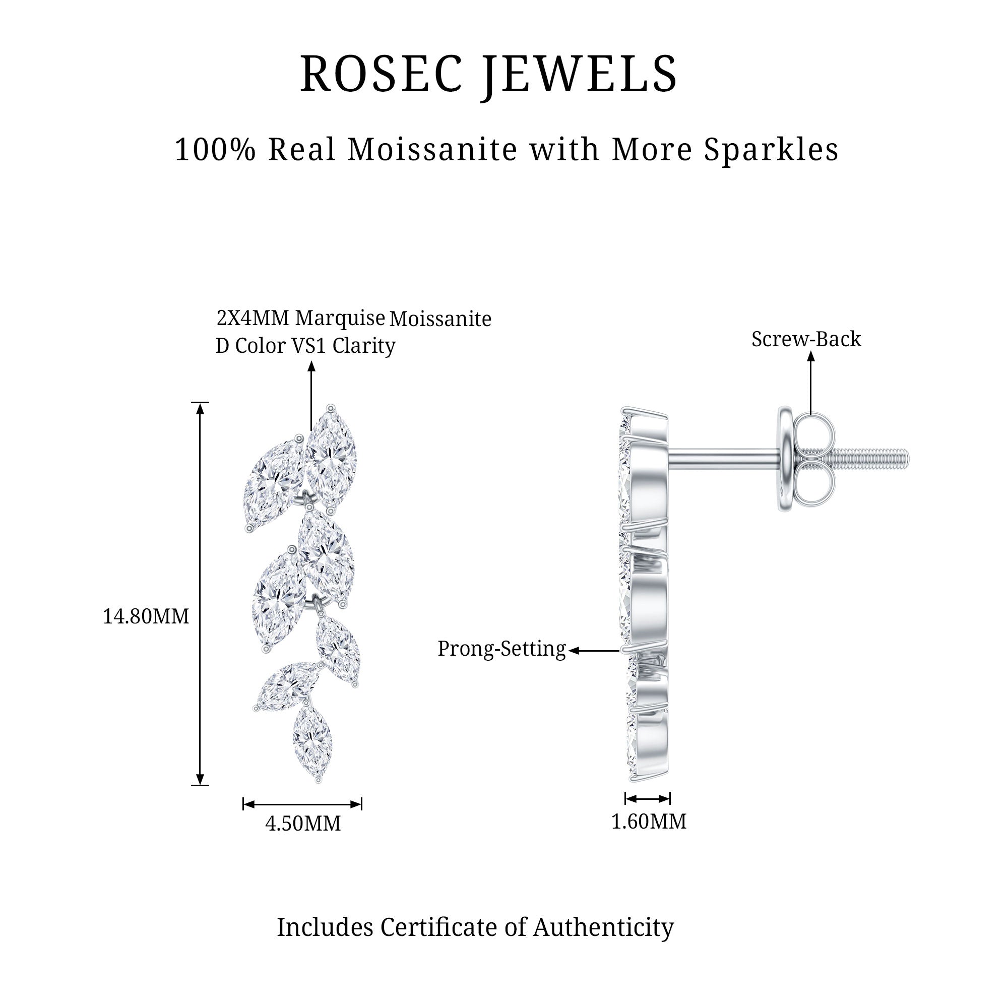 Marquise Cut Moissanite Bridal Dangle Earrings D-VS1 - Rosec Jewels