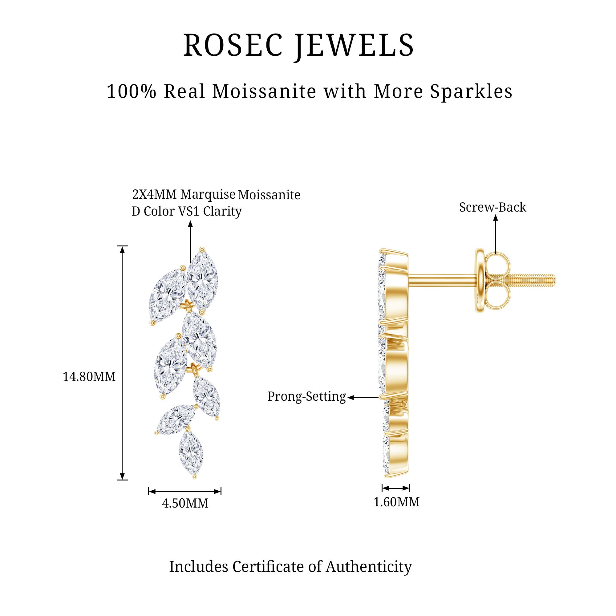 Marquise Cut Moissanite Bridal Dangle Earrings D-VS1 - Rosec Jewels