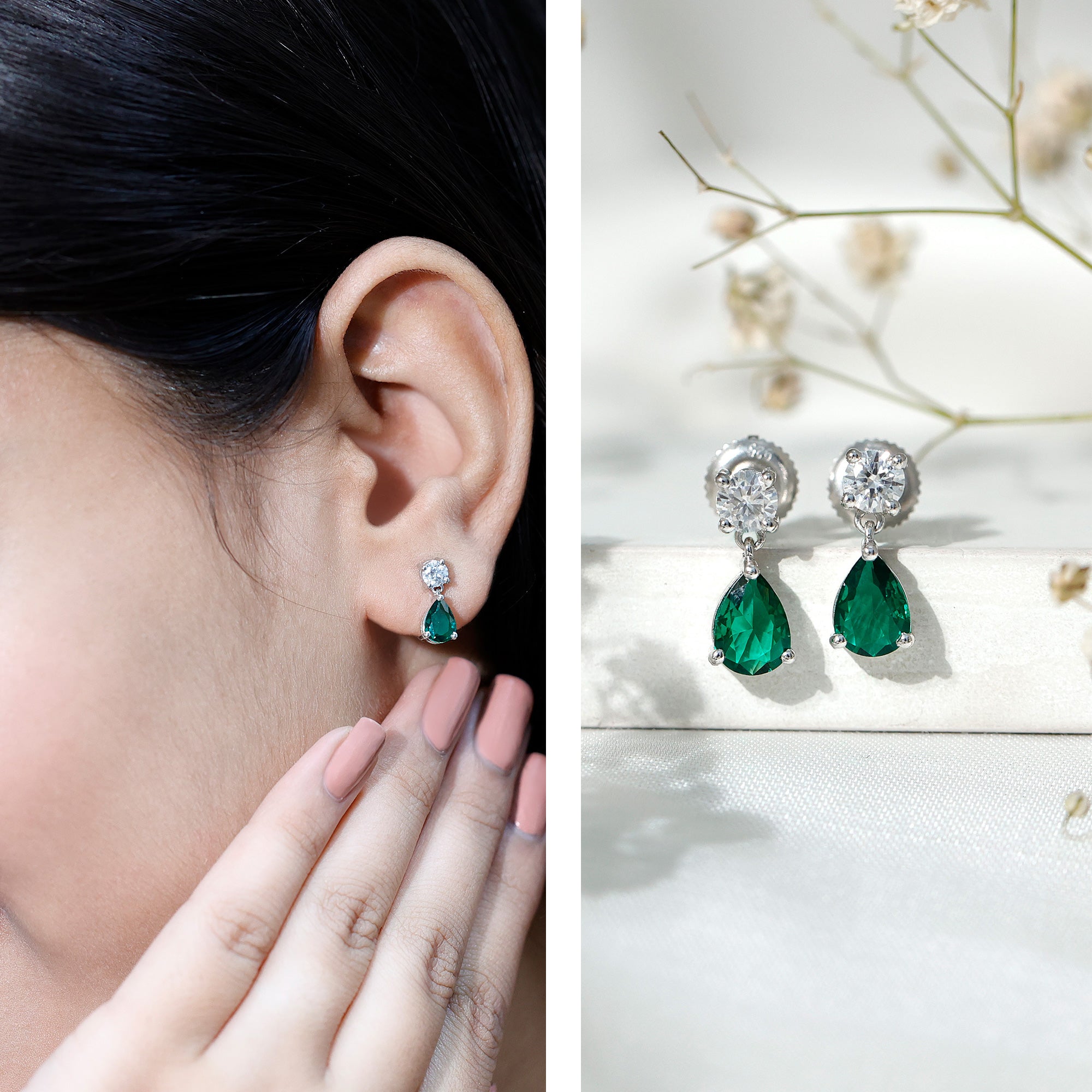 Pear Cut Lab Created Emerald and Moissanite Teardrop Earrings AAAA - Rosec Jewels