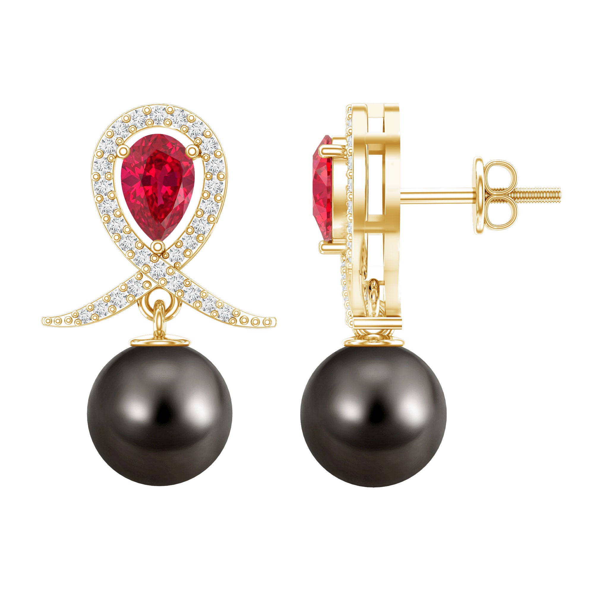 Tahitian Black Pearl Drop Earrings with Lab Grown Ruby AAA - Rosec Jewels