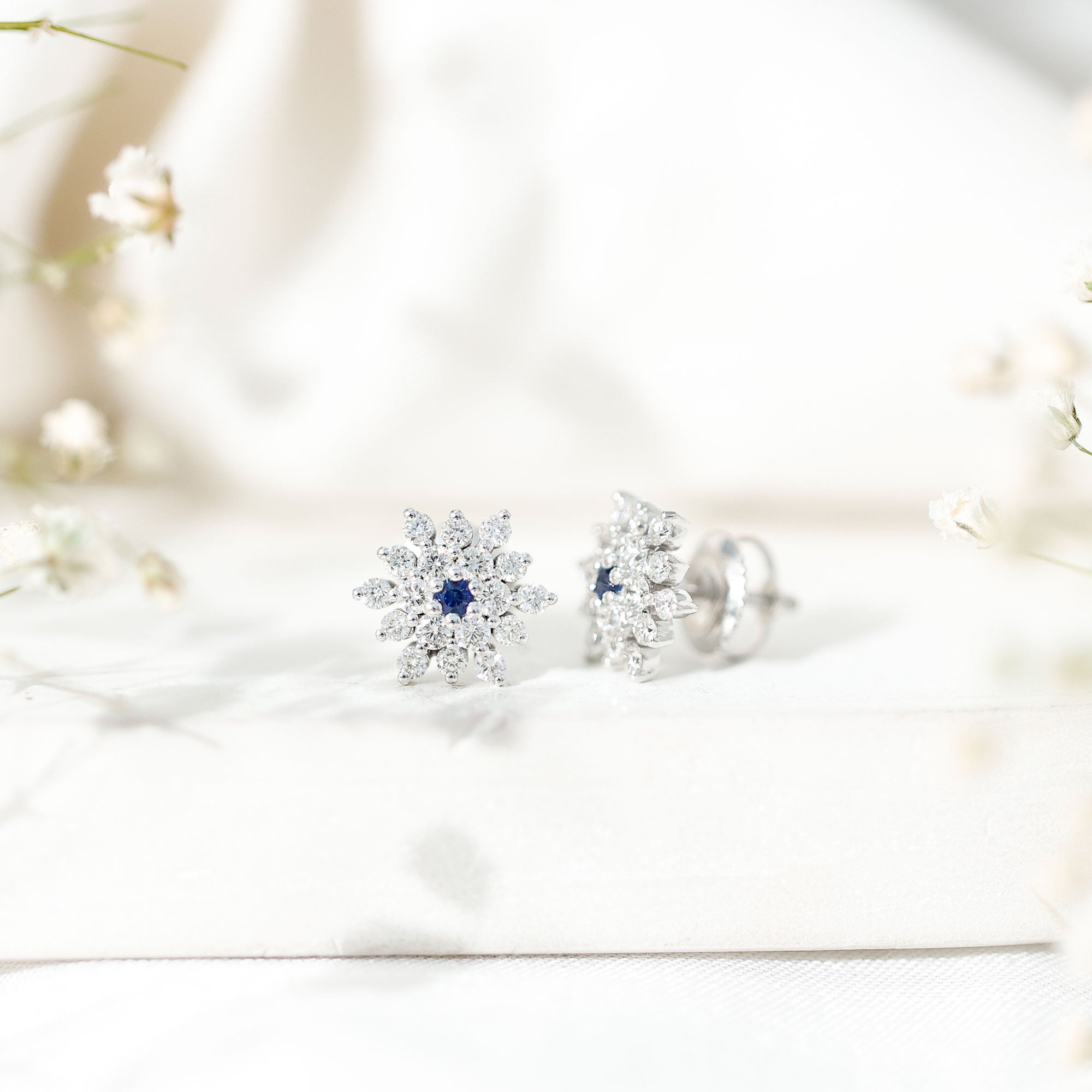 Created Blue Sapphire and Moissanite Cluster Statement Stud Earrings AAAA - Rosec Jewels