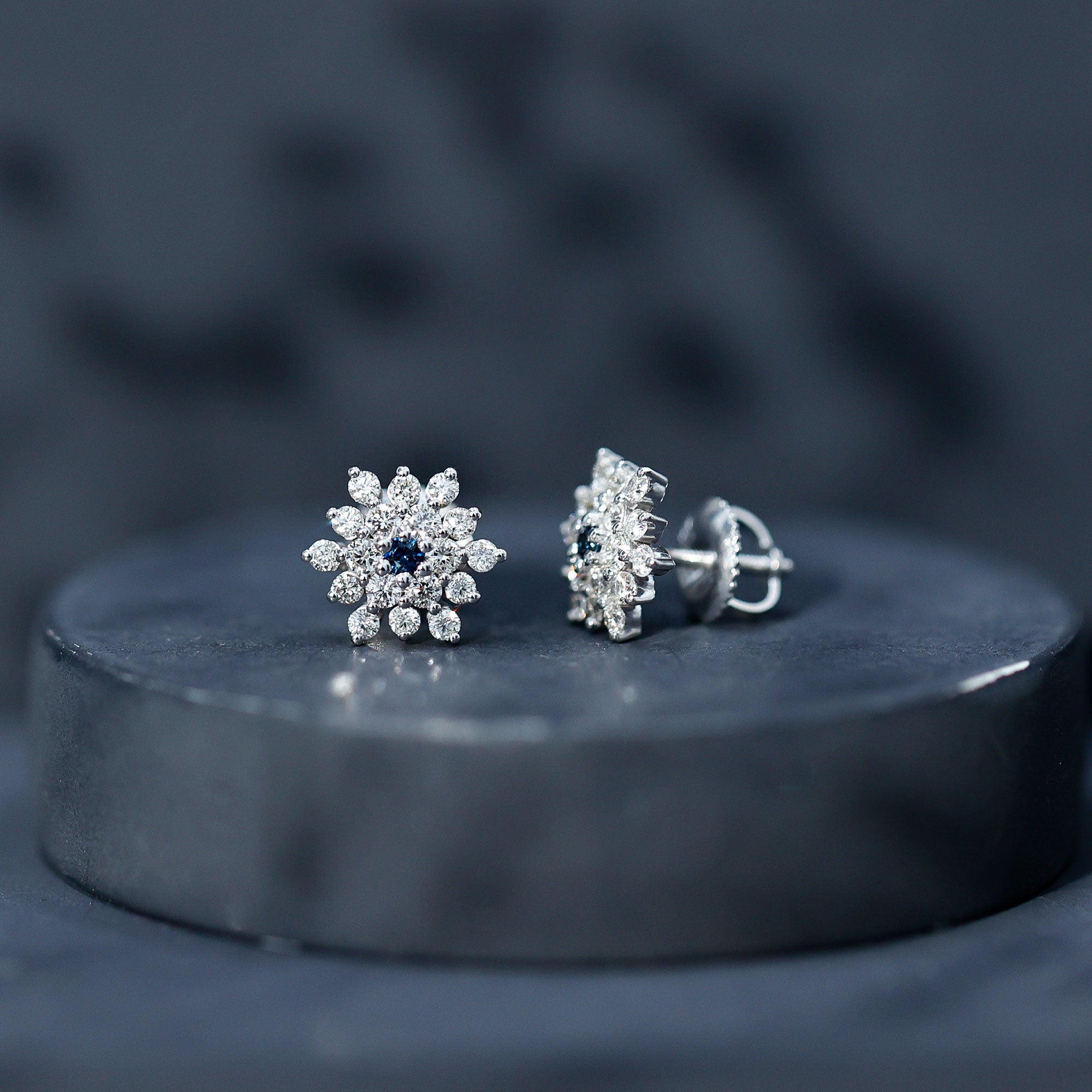 Created Blue Sapphire and Moissanite Cluster Statement Stud Earrings AAAA - Rosec Jewels