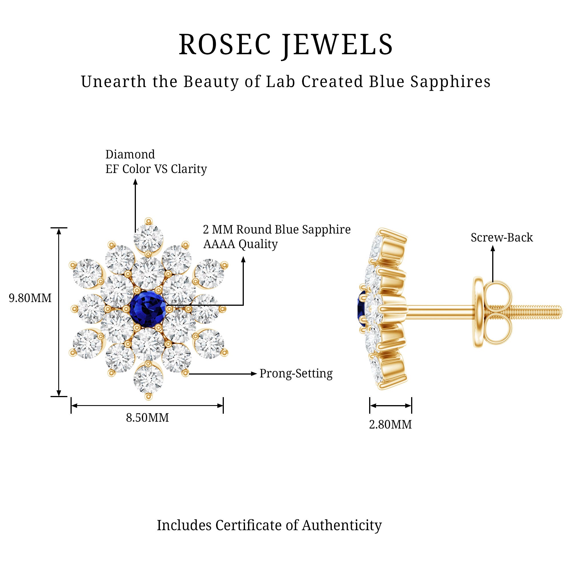 Created Blue Sapphire and Moissanite Cluster Statement Stud Earrings AAAA - Rosec Jewels