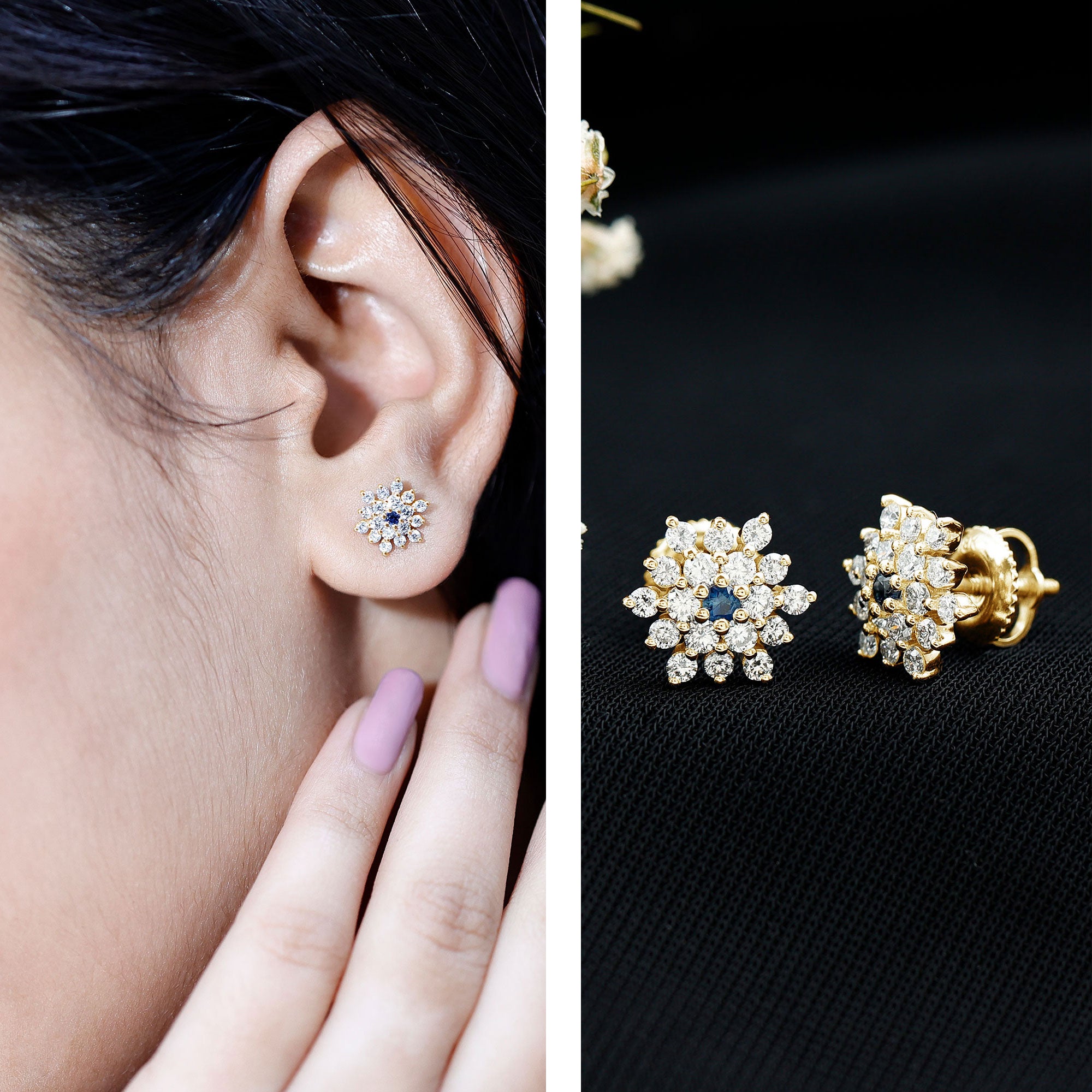 Created Blue Sapphire and Moissanite Cluster Statement Stud Earrings AAAA - Rosec Jewels