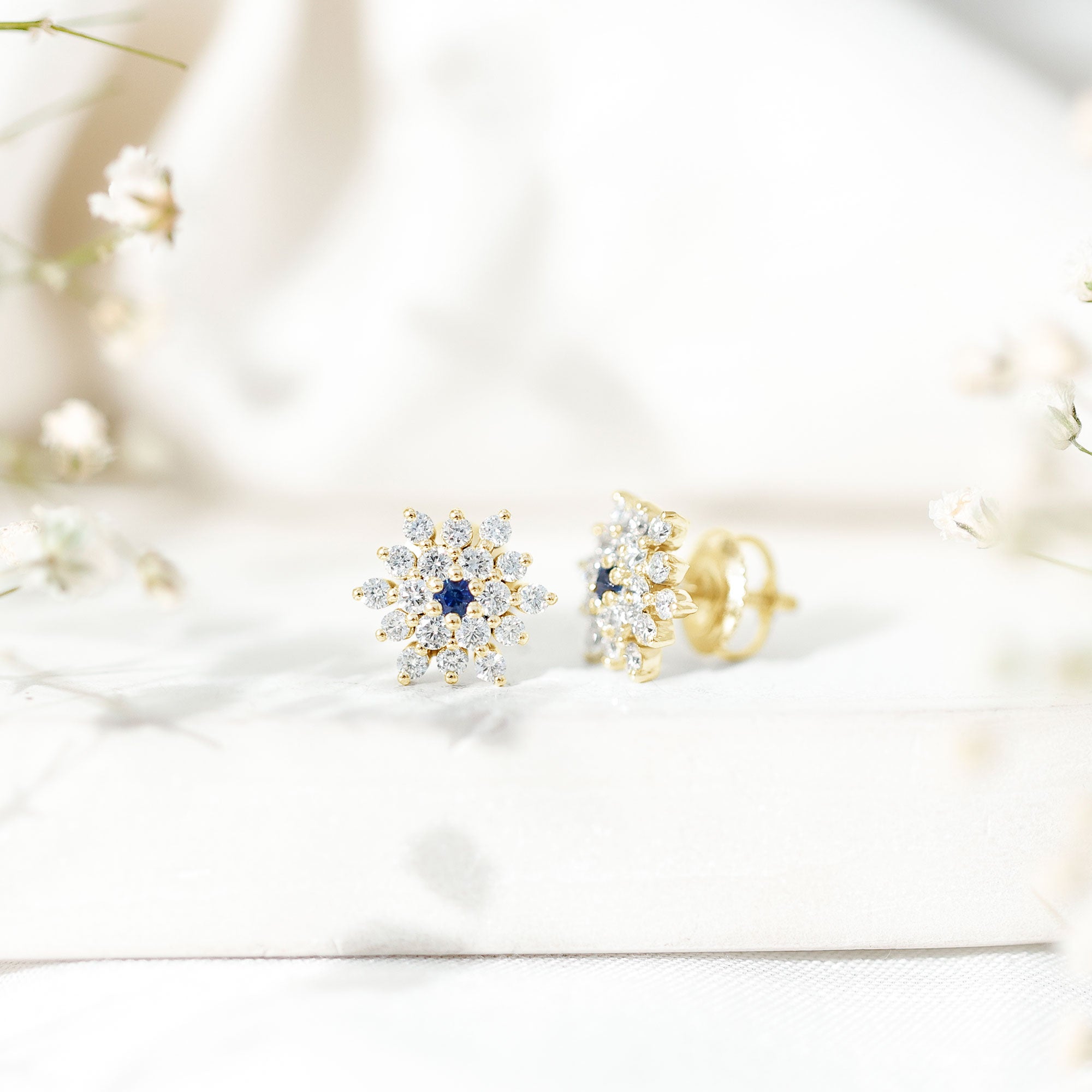 Created Blue Sapphire and Moissanite Cluster Statement Stud Earrings AAAA - Rosec Jewels