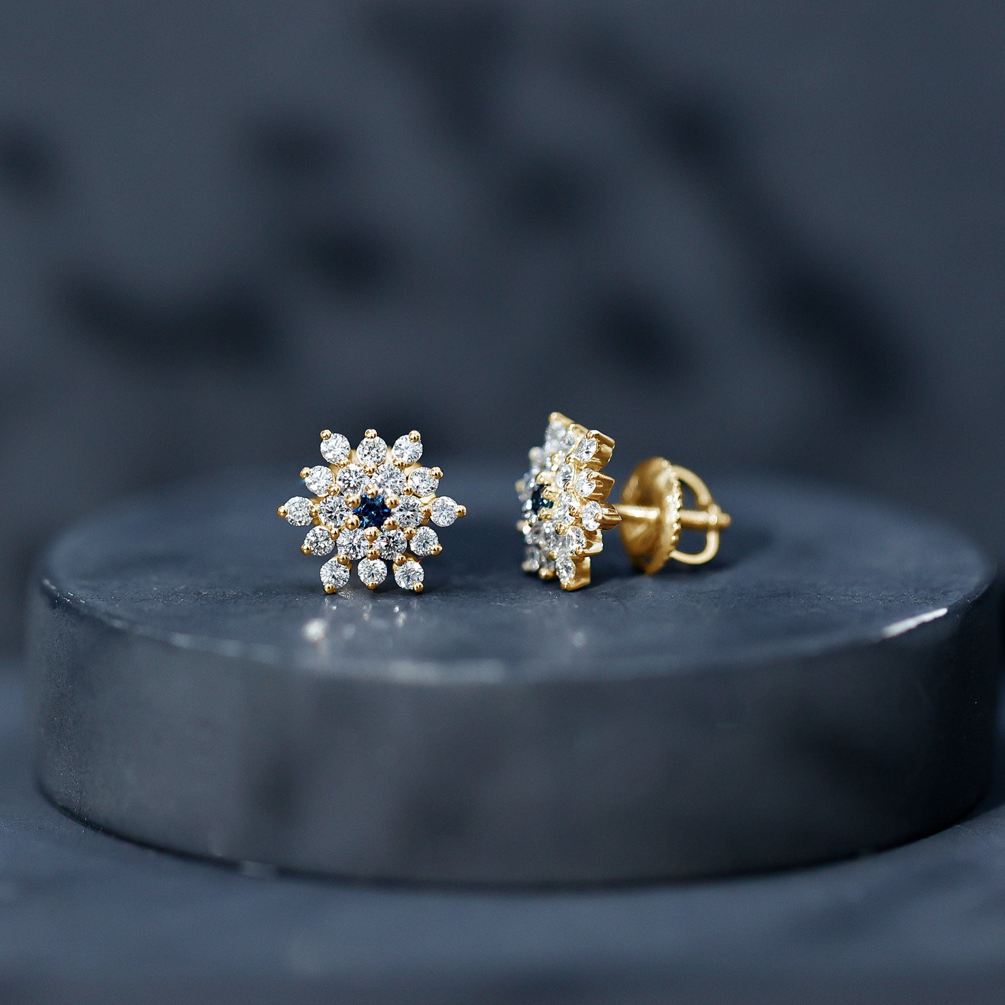 Created Blue Sapphire and Moissanite Cluster Statement Stud Earrings AAAA - Rosec Jewels