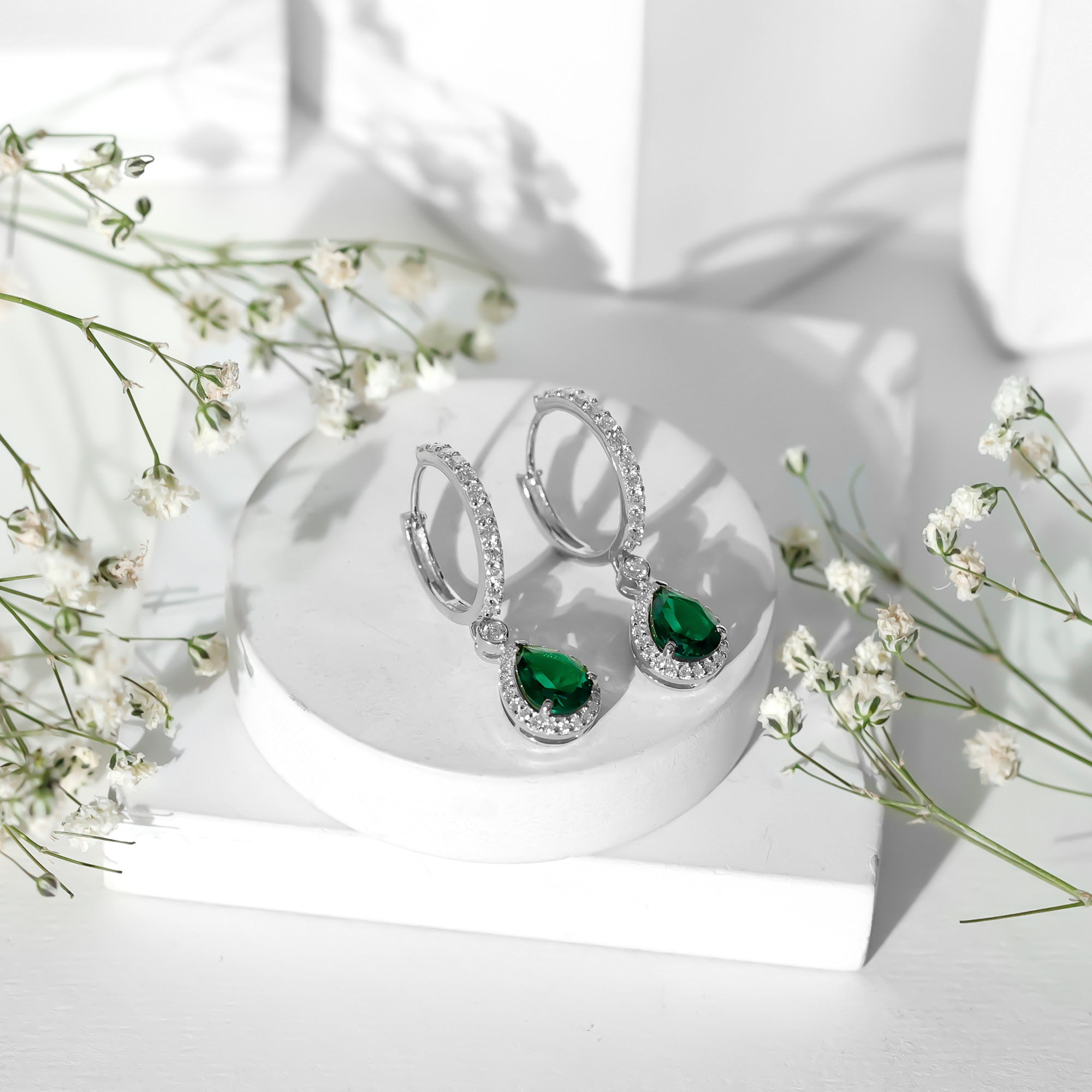 2 Carat Lab Created Emerald Teardrop Hoop Earrings with Moissanite AAAA - Rosec Jewels