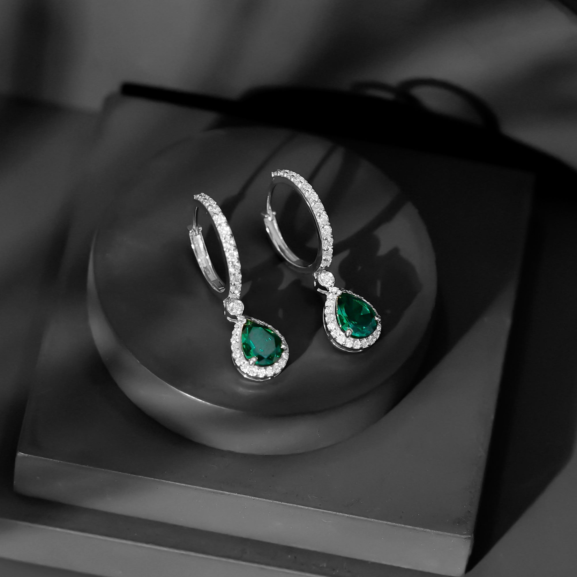 2 Carat Lab Created Emerald Teardrop Hoop Earrings with Moissanite AAAA - Rosec Jewels