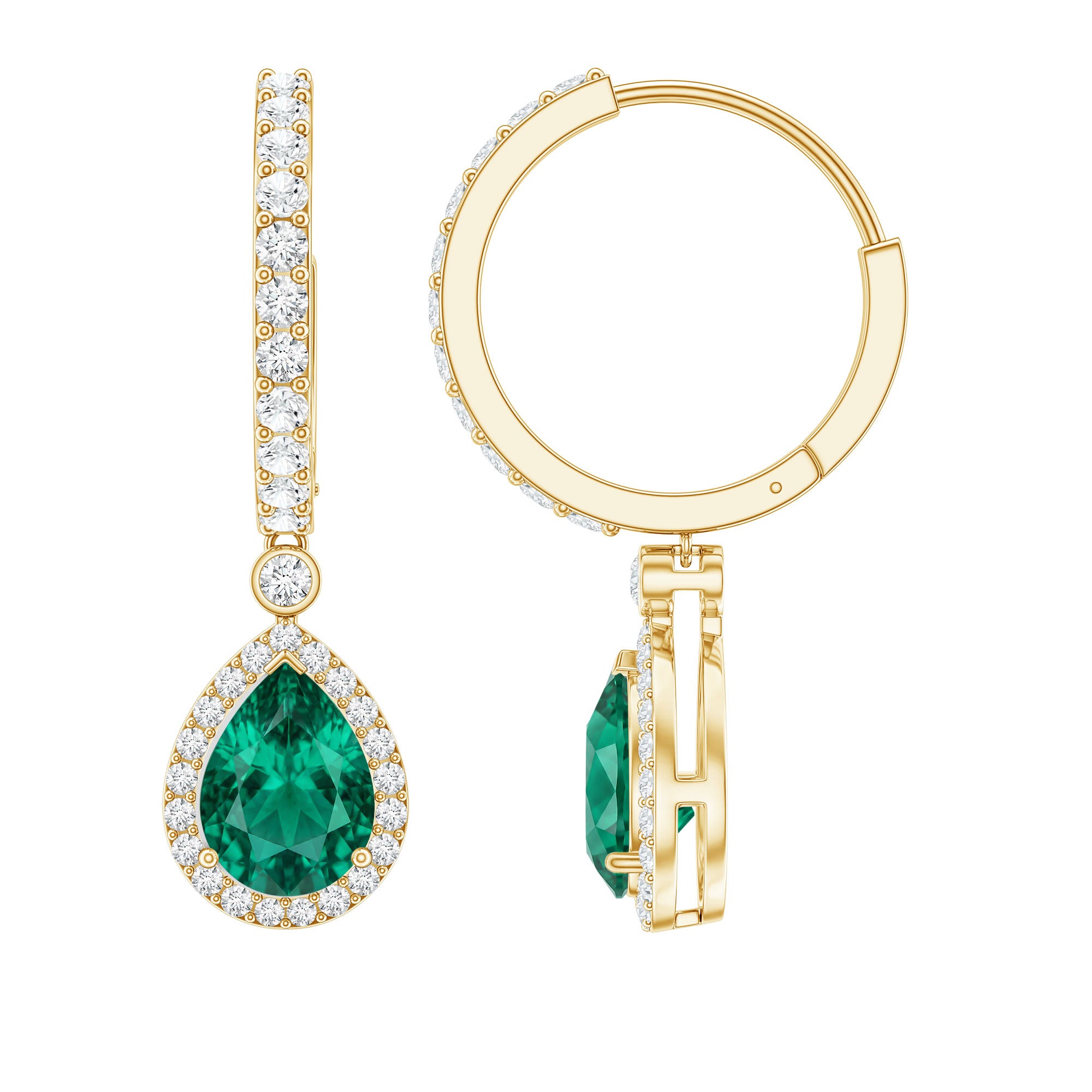 2 Carat Lab Created Emerald Teardrop Hoop Earrings with Moissanite AAAA - Rosec Jewels