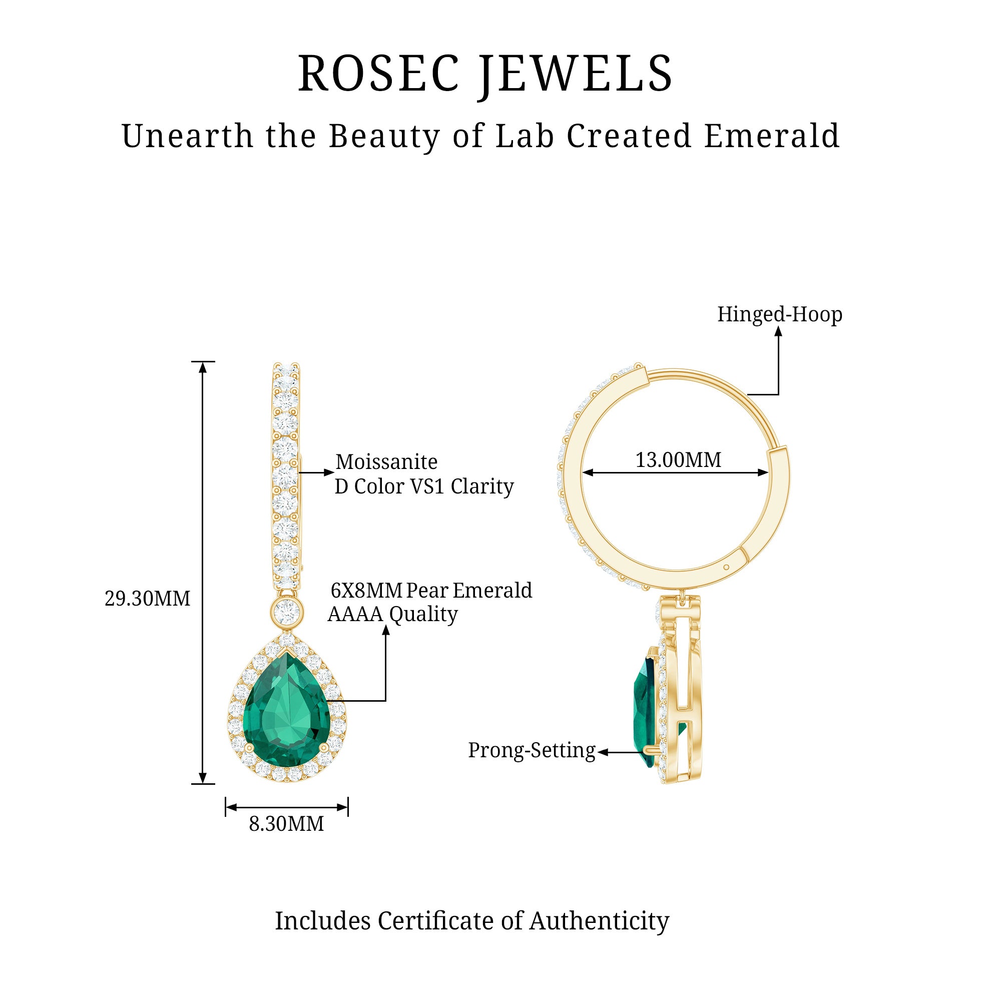 2 Carat Lab Created Emerald Teardrop Hoop Earrings with Moissanite AAAA - Rosec Jewels
