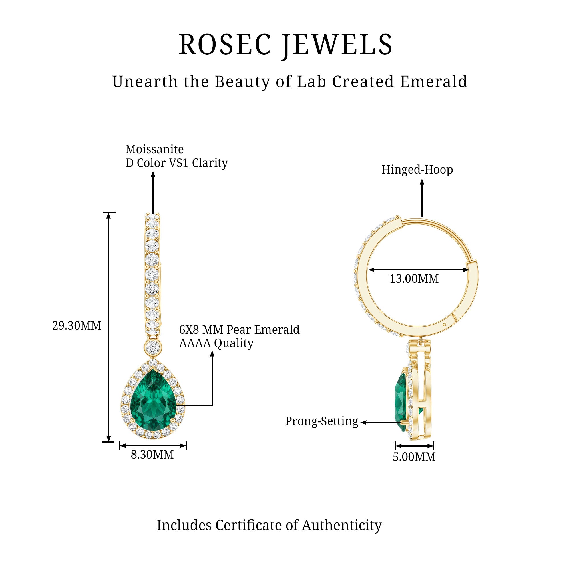 2 Carat Lab Created Emerald Teardrop Hoop Earrings with Moissanite AAAA - Rosec Jewels