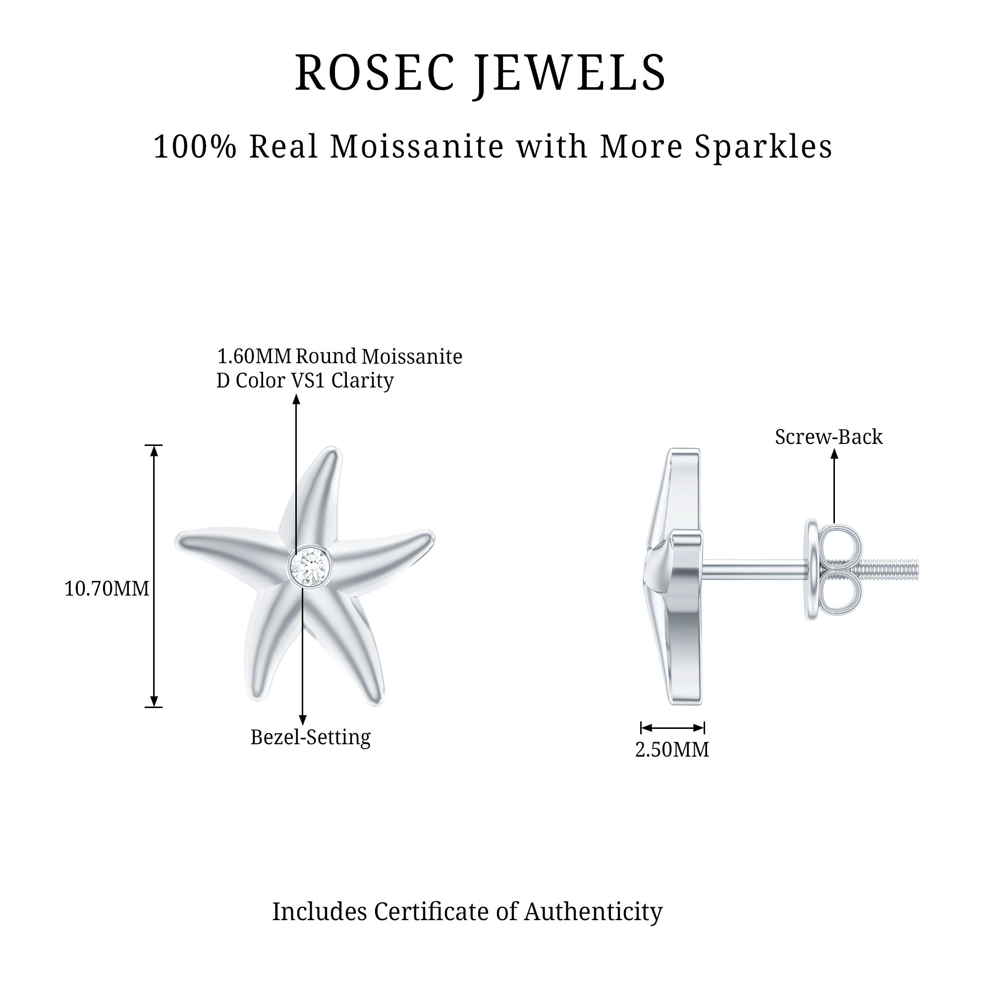 Bezel Set Round Moissanite Starfish Stud Earrings D-VS1 - Rosec Jewels