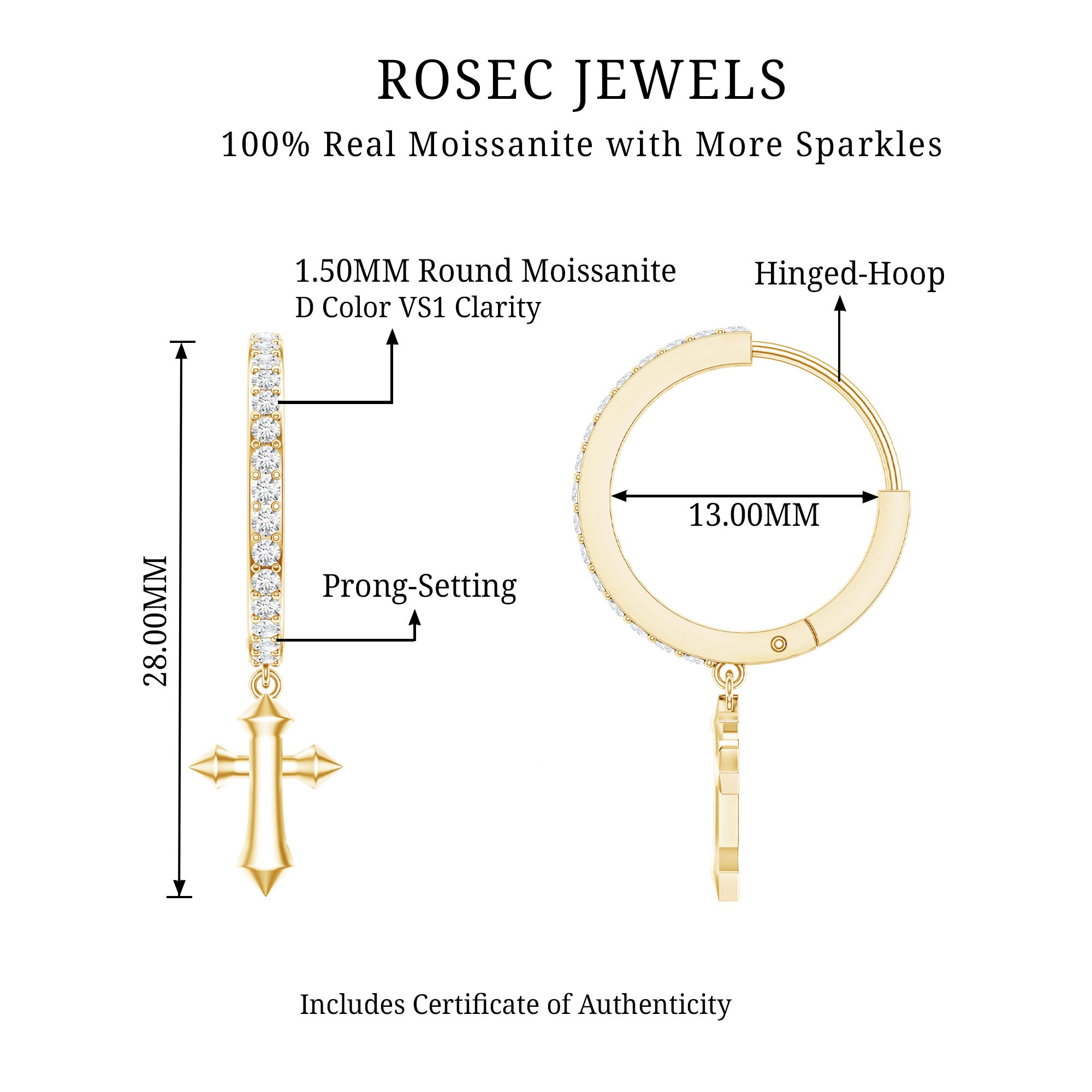 Certified Moissanite Cross Drop Earrings D-VS1 - Rosec Jewels