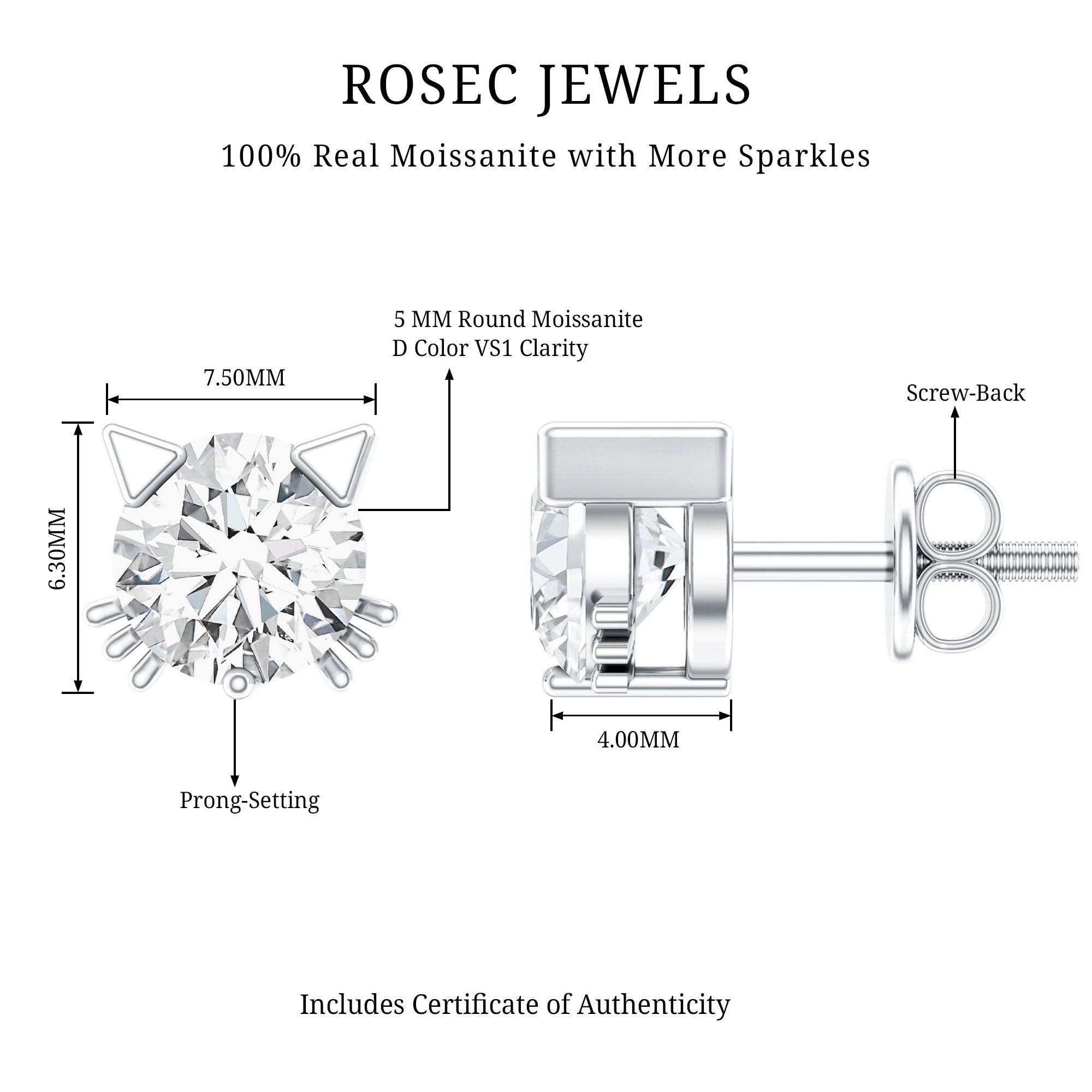 1 CT Solitaire Moissanite Cat Stud Earrings with Screw Back D-VS1 - Rosec Jewels