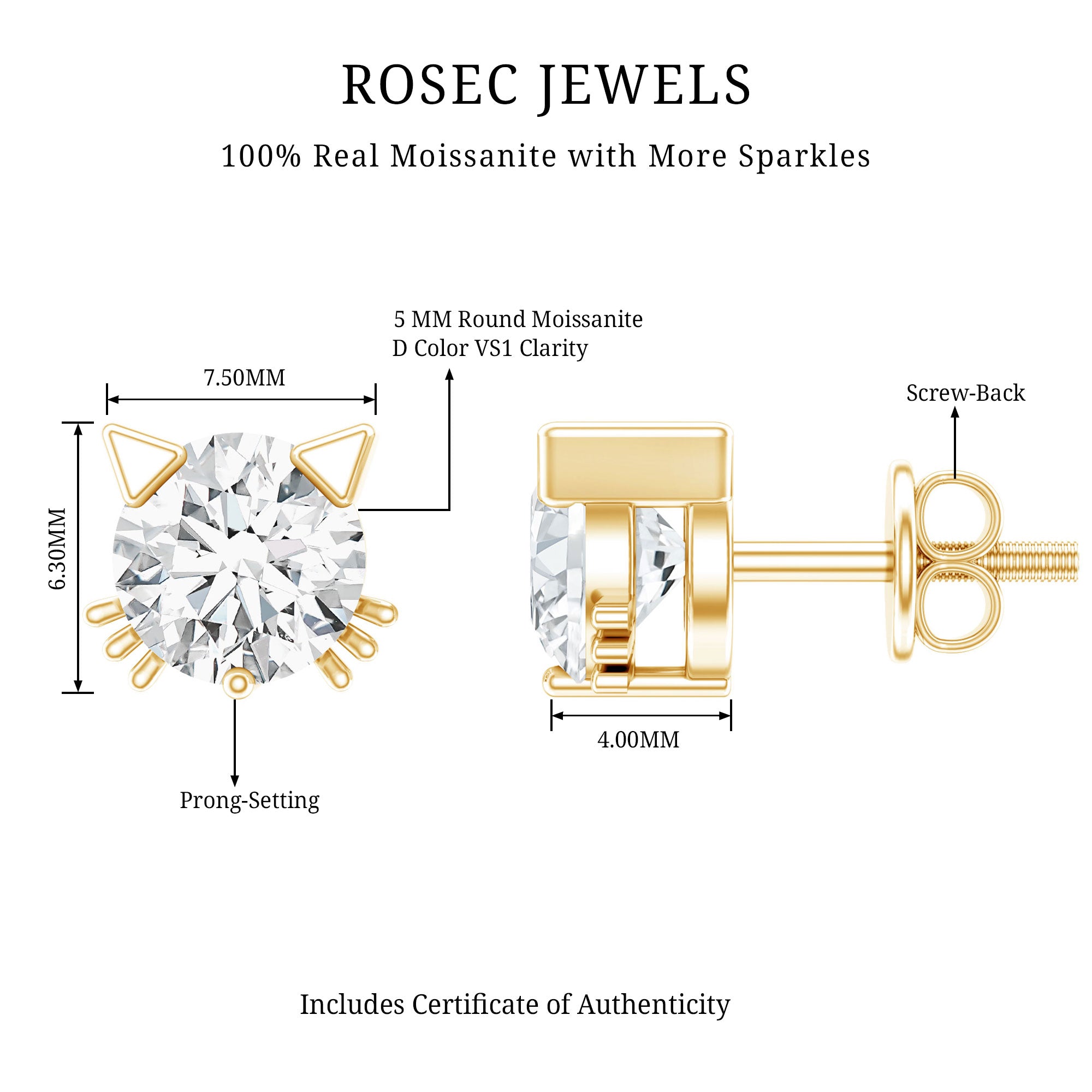 1 CT Solitaire Moissanite Cat Stud Earrings with Screw Back D-VS1 - Rosec Jewels