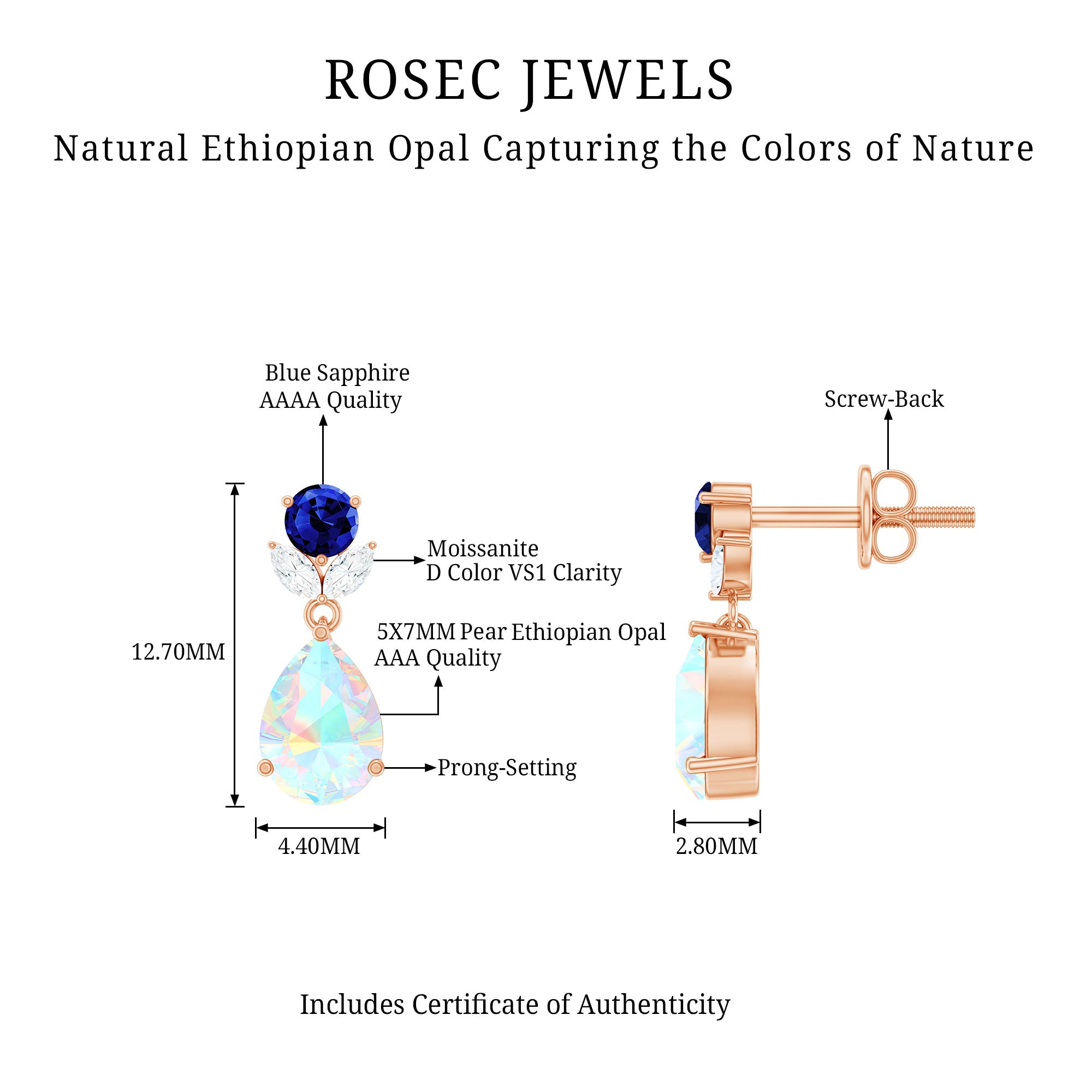 1.4 Carat Ethiopian Opal Teardrop Earrings with Lab Blue Sapphire AAA - Rosec Jewels