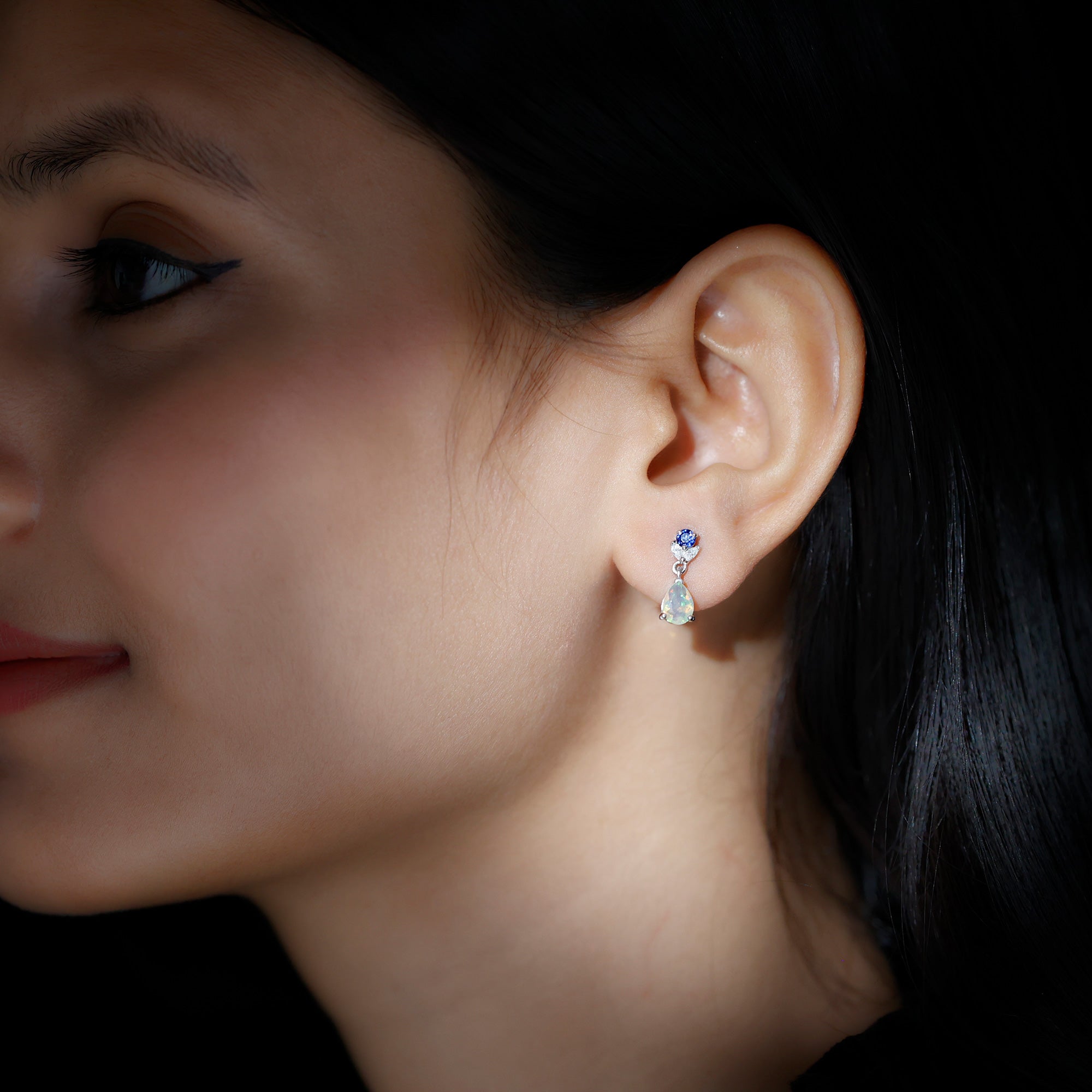 1.4 Carat Ethiopian Opal Teardrop Earrings with Lab Blue Sapphire AAA - Rosec Jewels