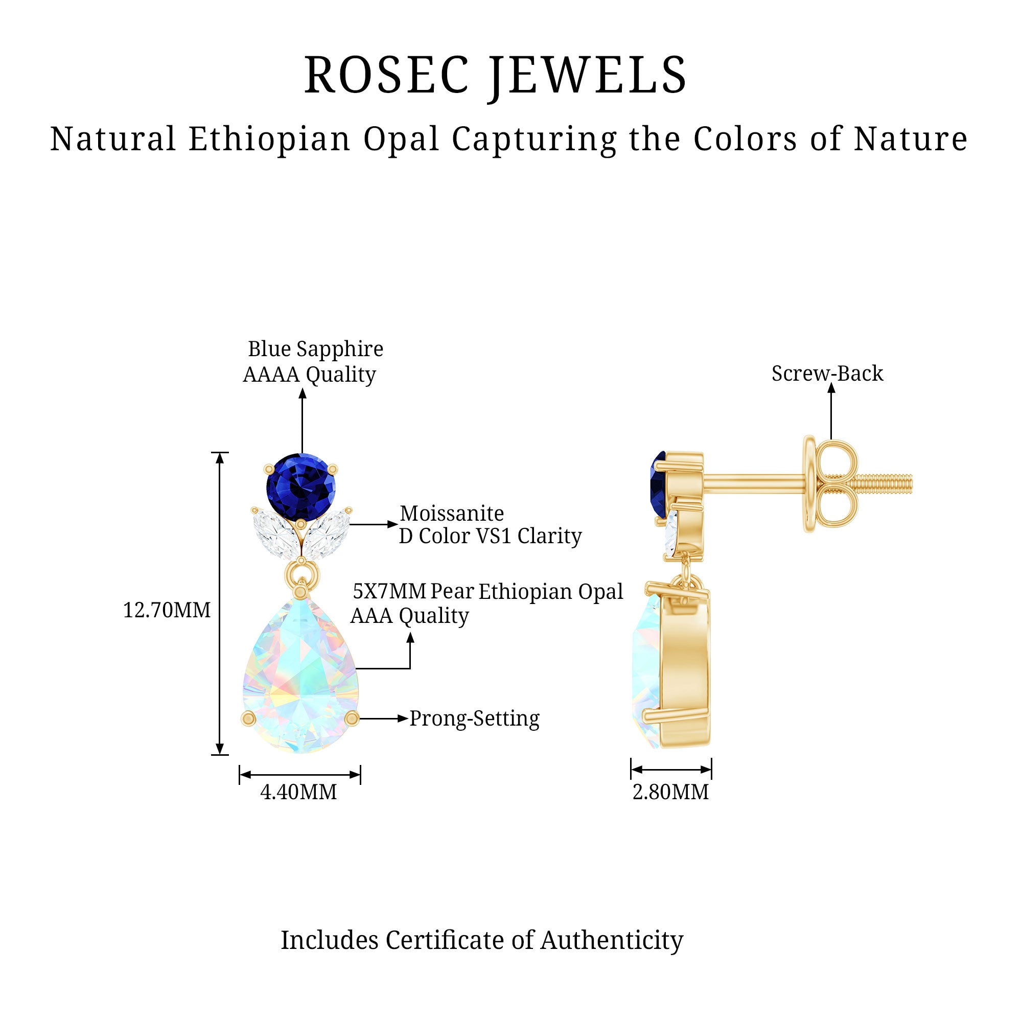 1.4 Carat Ethiopian Opal Teardrop Earrings with Lab Blue Sapphire AAA - Rosec Jewels