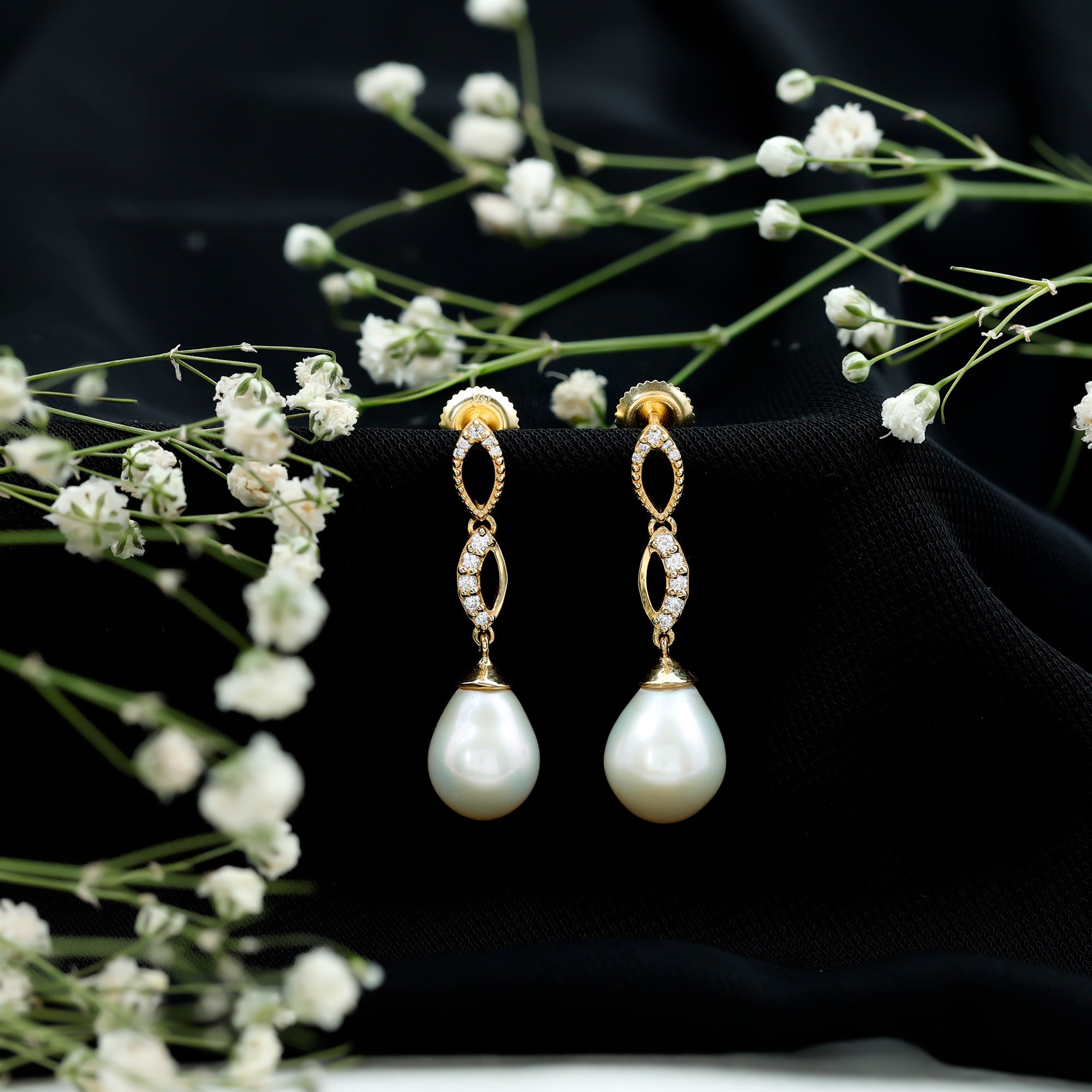 Genuine Freshwater Pearl and Diamond Infinity Drop Earrings AAA - Rosec Jewels