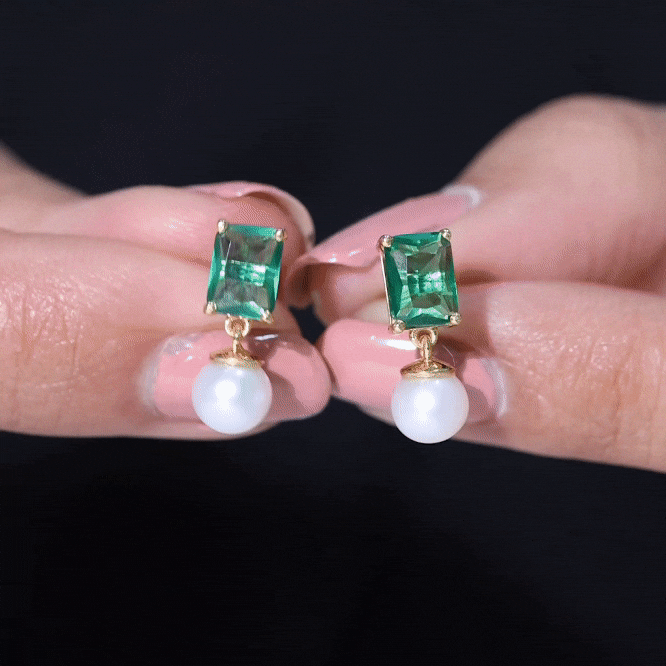Certified Emerald Cut Lab Grown Emerald and Pearl Drop Earrings AAA - Rosec Jewels