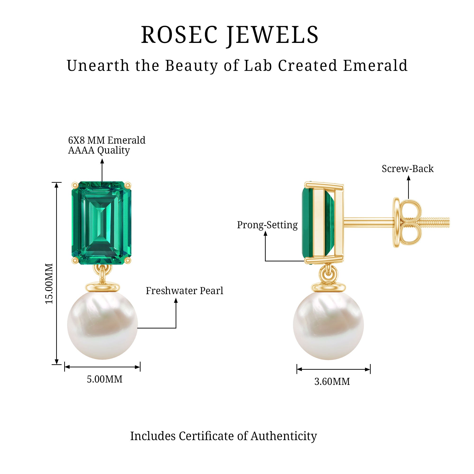 Certified Emerald Cut Lab Grown Emerald and Pearl Drop Earrings AAA - Rosec Jewels