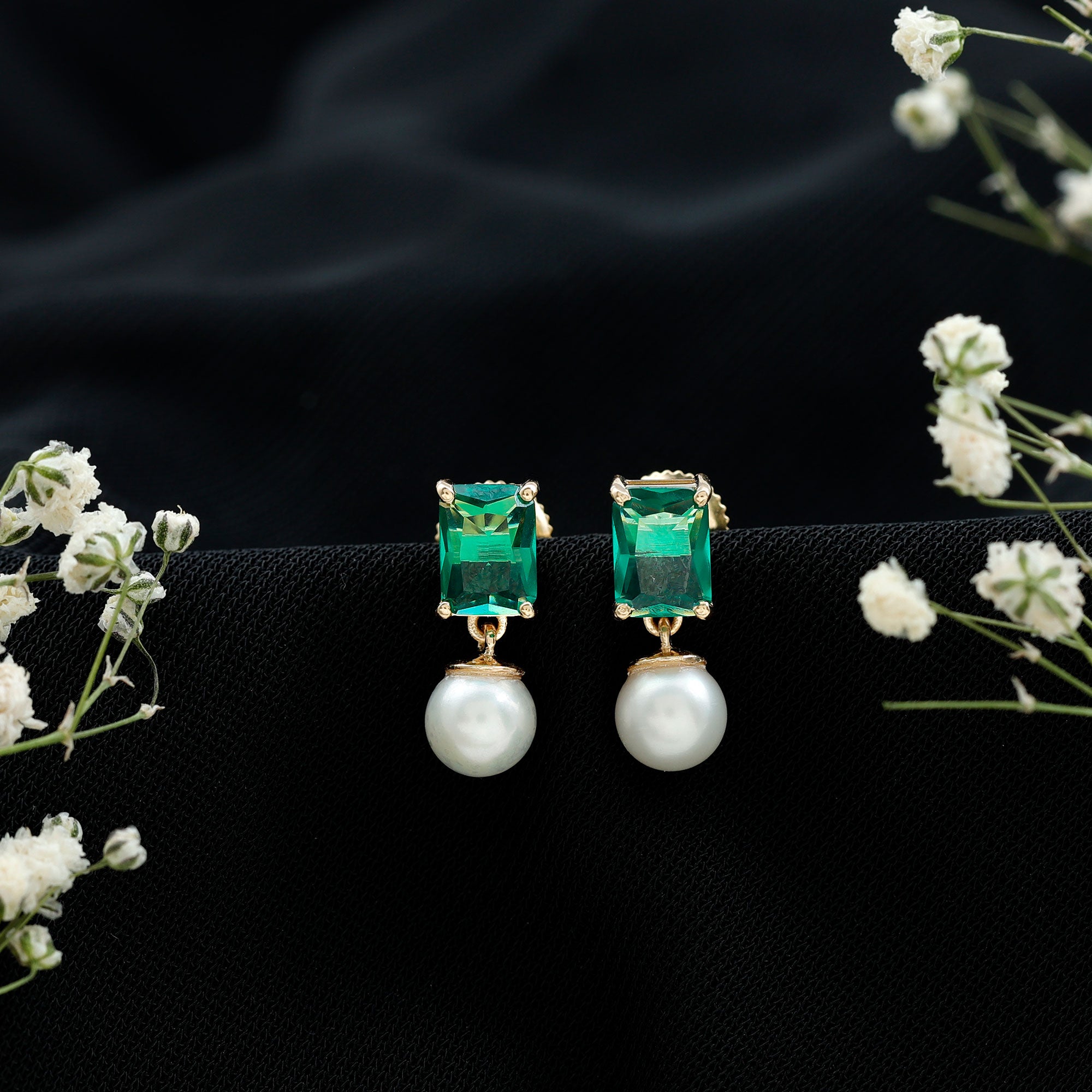 Certified Emerald Cut Lab Grown Emerald and Pearl Drop Earrings AAA - Rosec Jewels