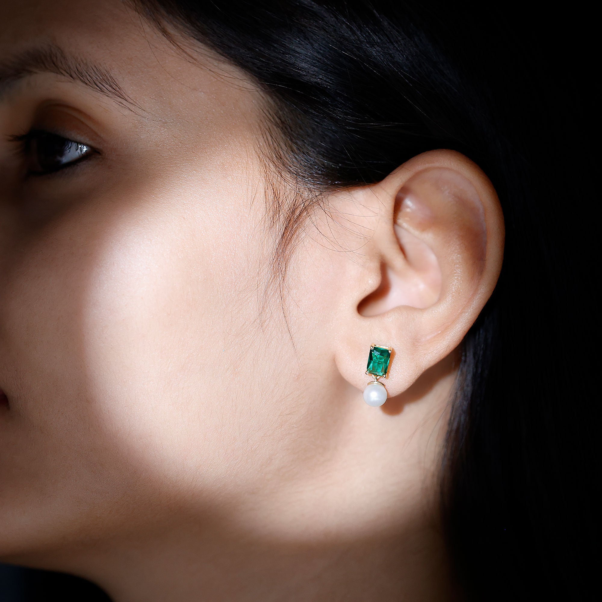 Certified Emerald Cut Lab Grown Emerald and Pearl Drop Earrings AAA - Rosec Jewels