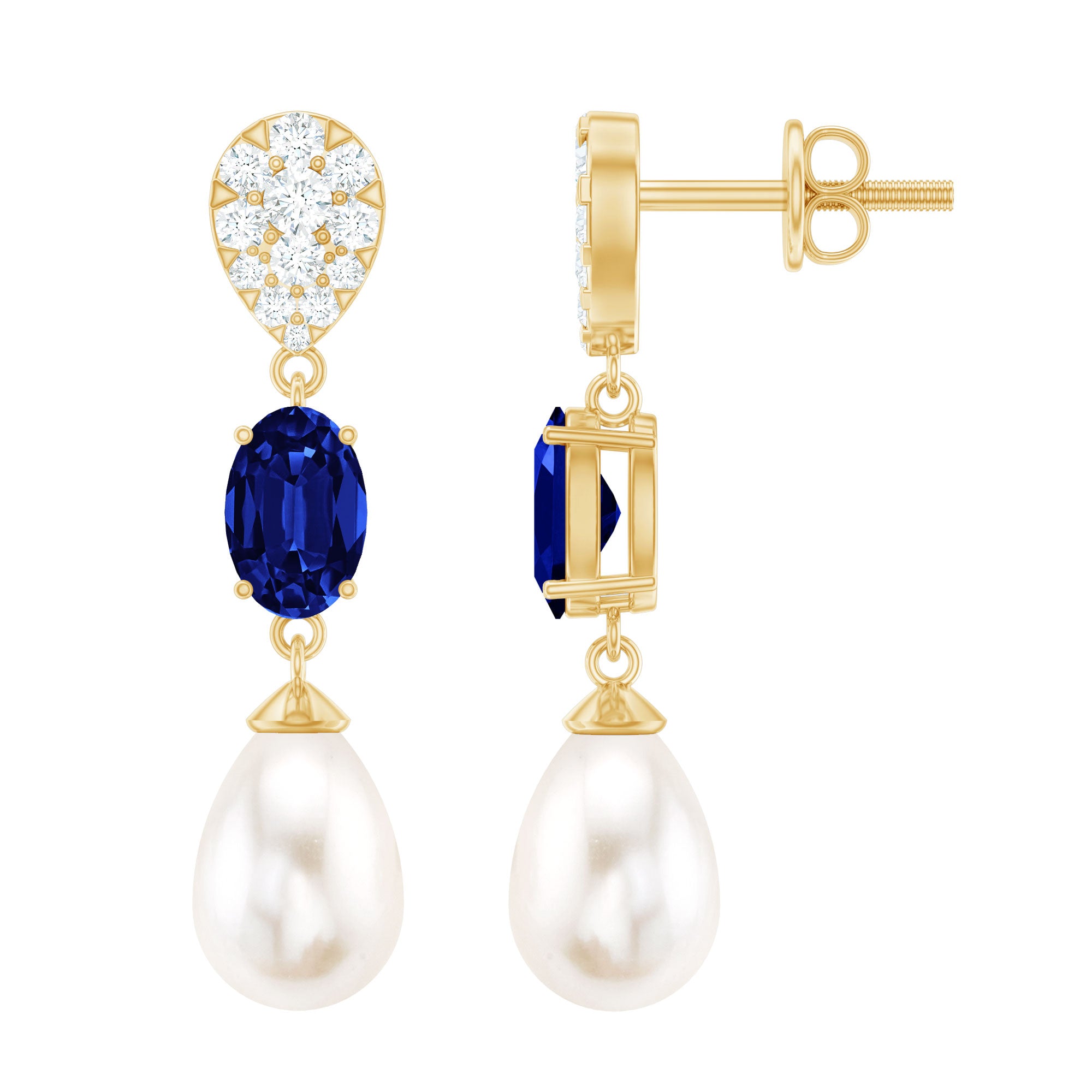 Teardrop Shape Freshwater Pearl Dangle Earrings with Lab Sapphire AAA - Rosec Jewels
