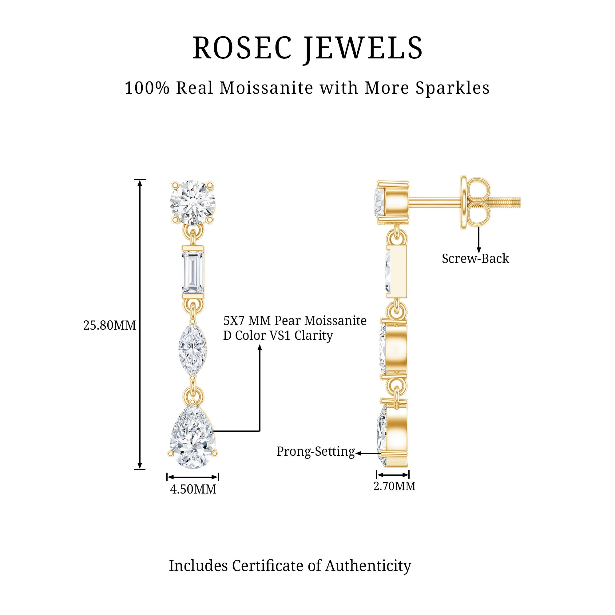 Certified Moissanite Wedding Dangle Earrings For Bride D-VS1 - Rosec Jewels