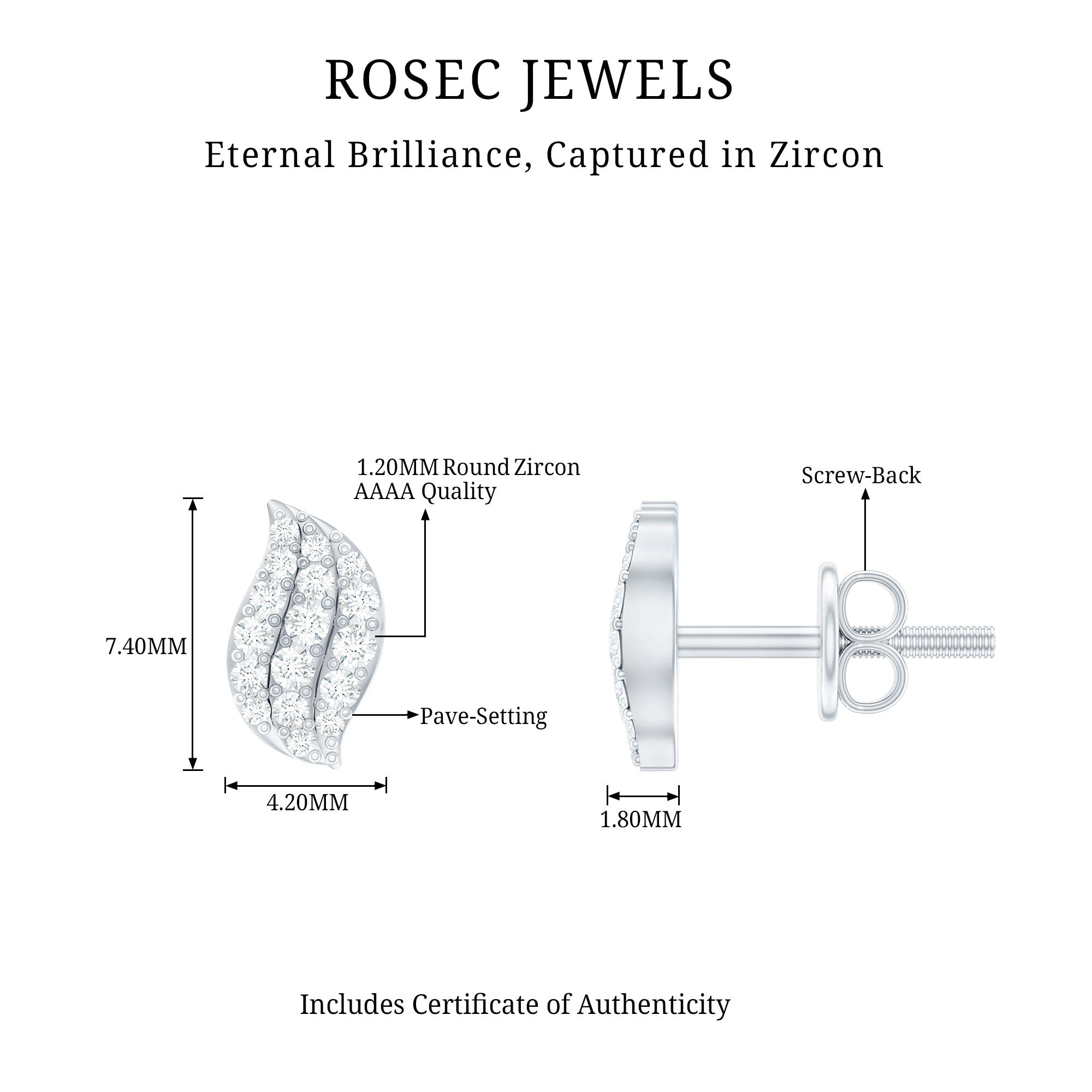Cubic Zirconia Leaf Stud Earrings in Pave Setting AAAA - Rosec Jewels