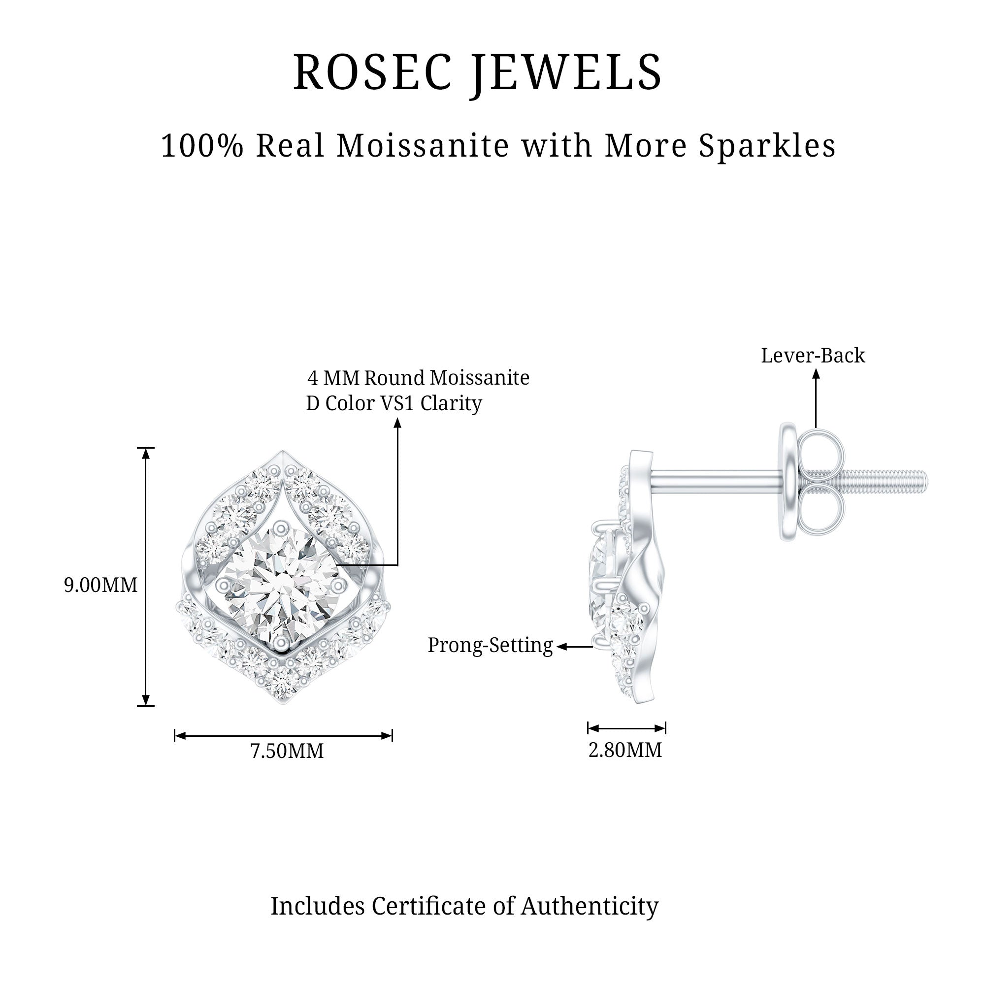 1 CT Moissanite Petal Stud Earrings with Screw Back D-VS1 - Rosec Jewels