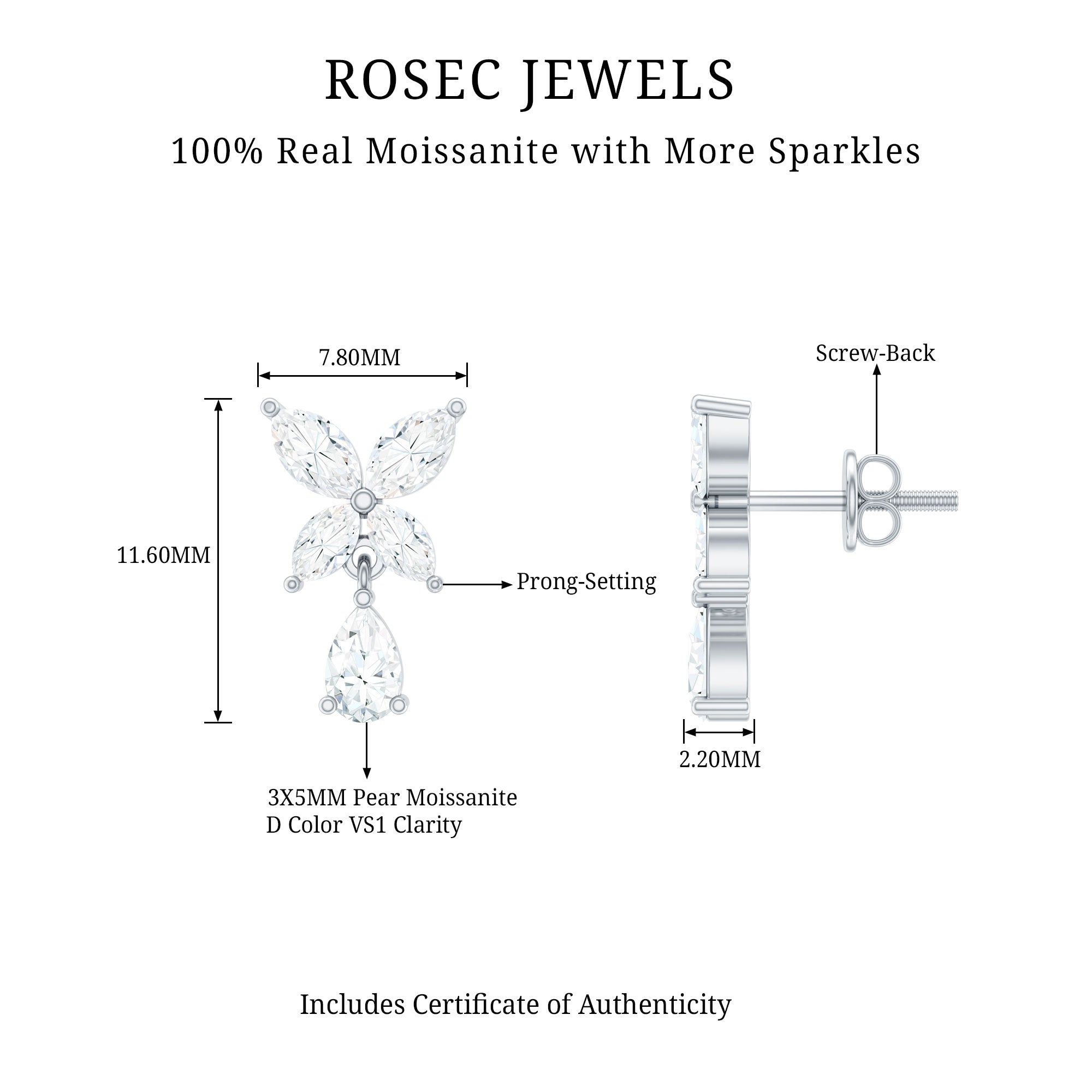 Marquise and Pear Cut Moissanite Flower Drop Earrings D-VS1 - Rosec Jewels