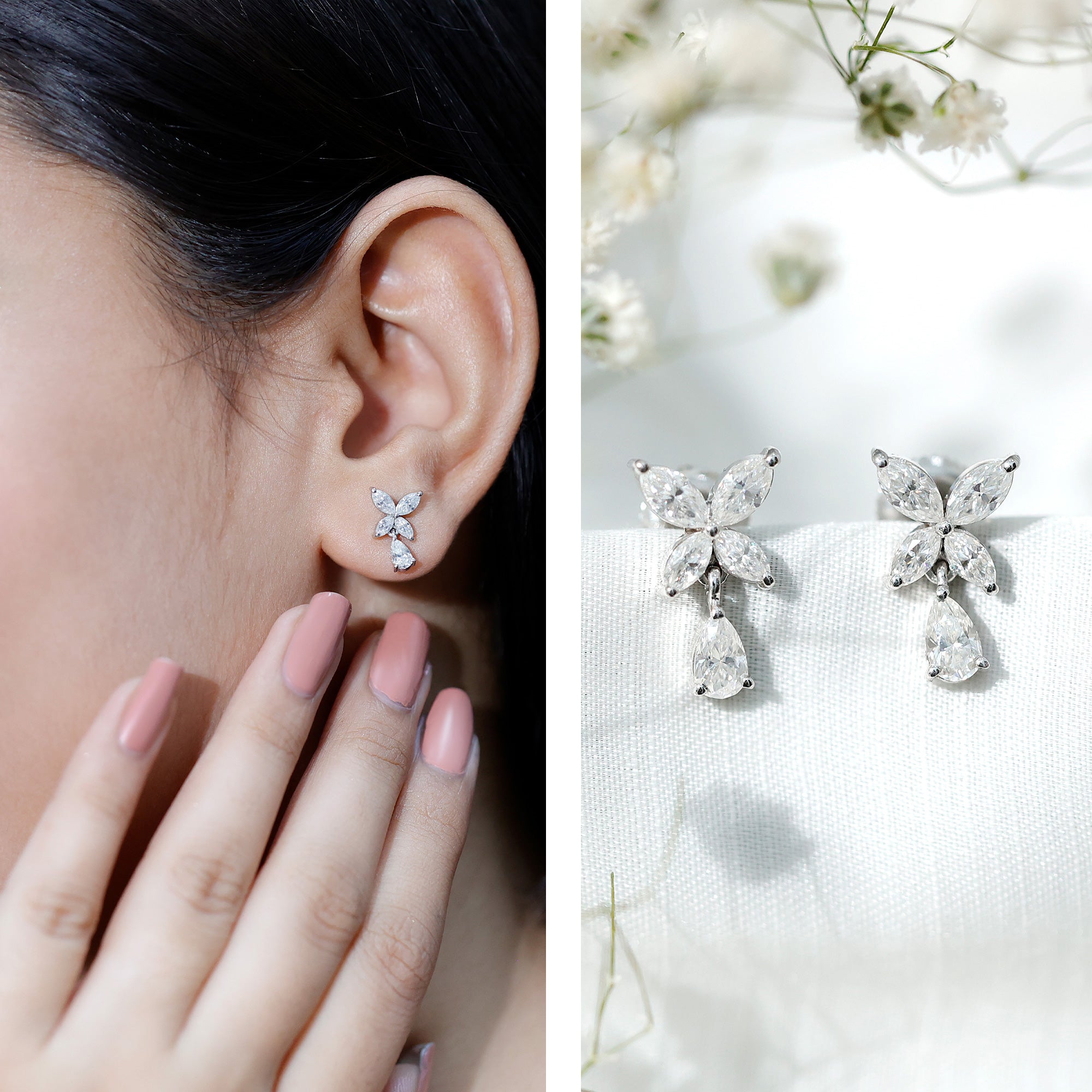 Marquise and Pear Cut Moissanite Flower Drop Earrings D-VS1 - Rosec Jewels